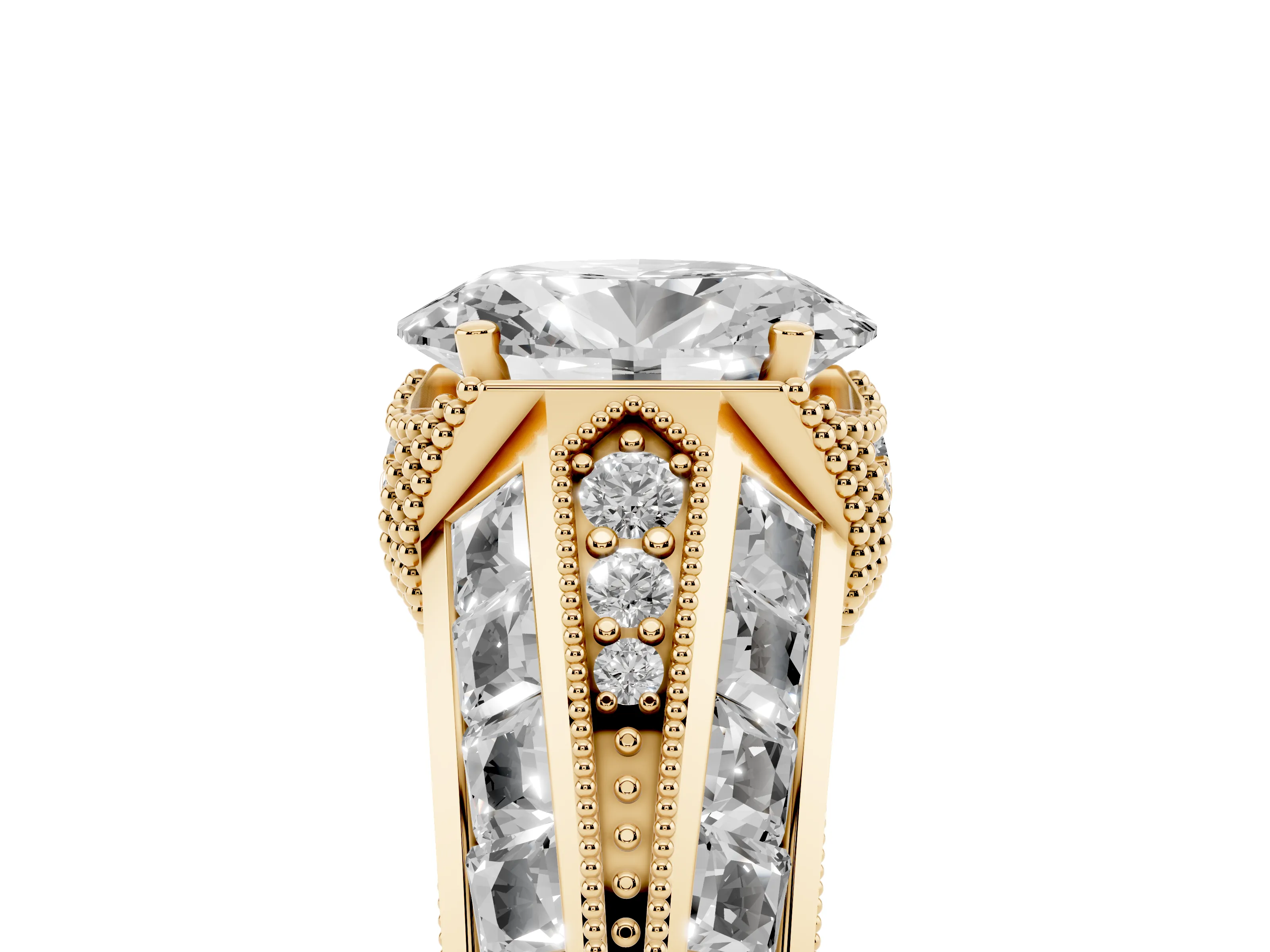 Oval Cut Diamond Vintage-Inspired Milgrain Ring Set in Yellow gold with Accent Split Shank