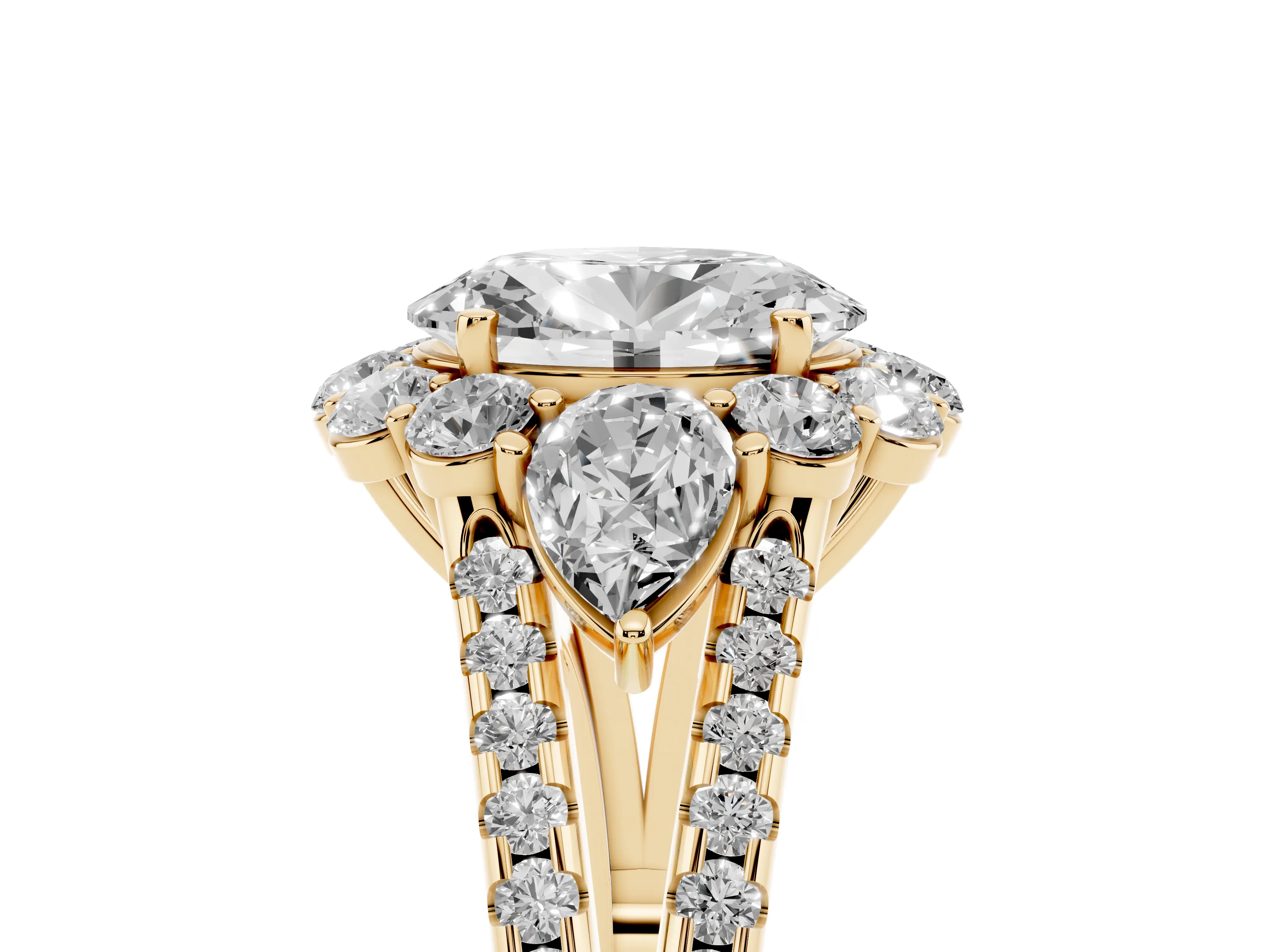 Oval Cut Diamond Halo Split Shank Engagement Ring Set in Yellow gold with Prong-Held Center Stone