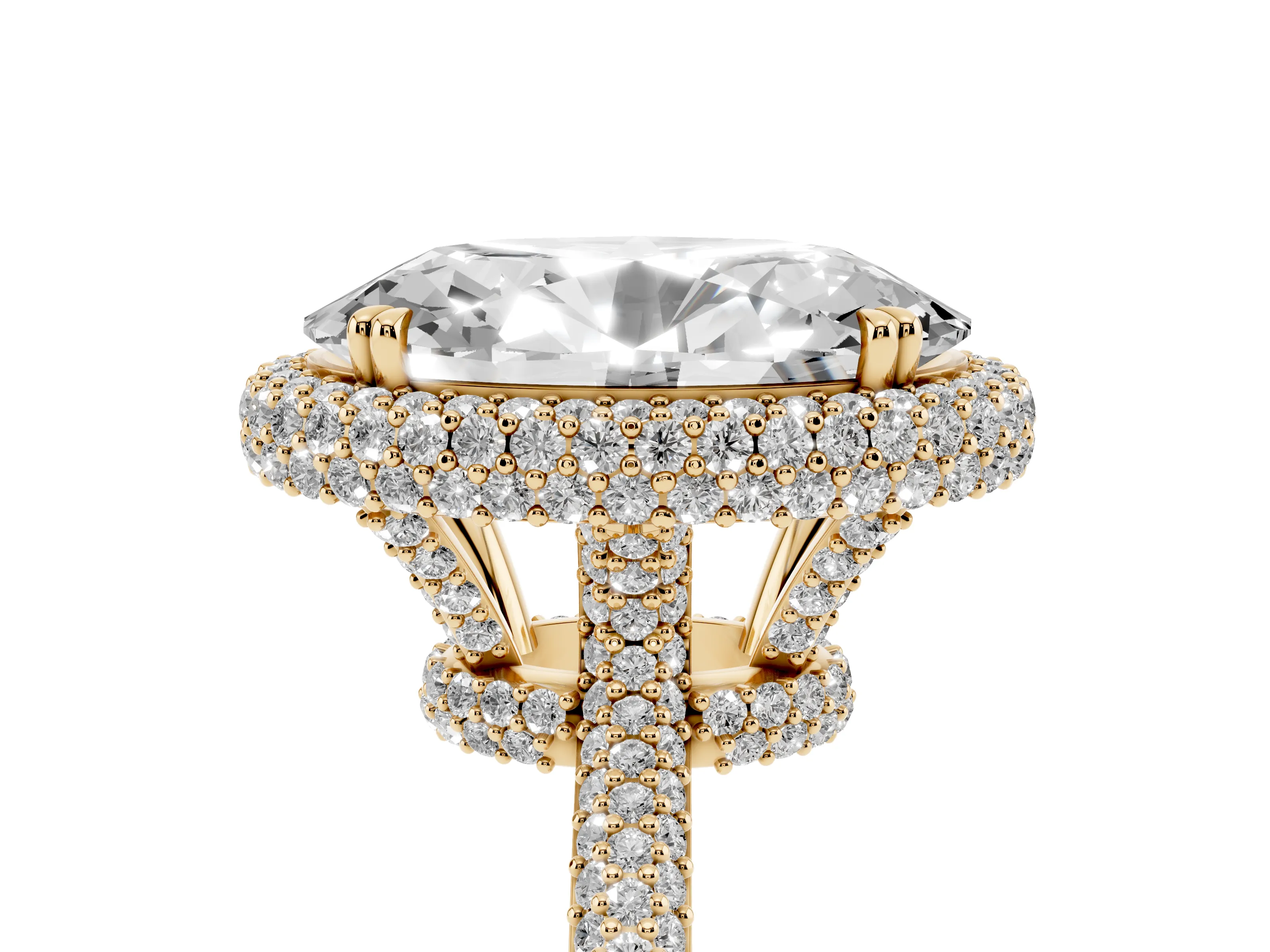 Oval Diamond Halo Ring Set in Yellow gold with Round Accent Halo and Pavé Band