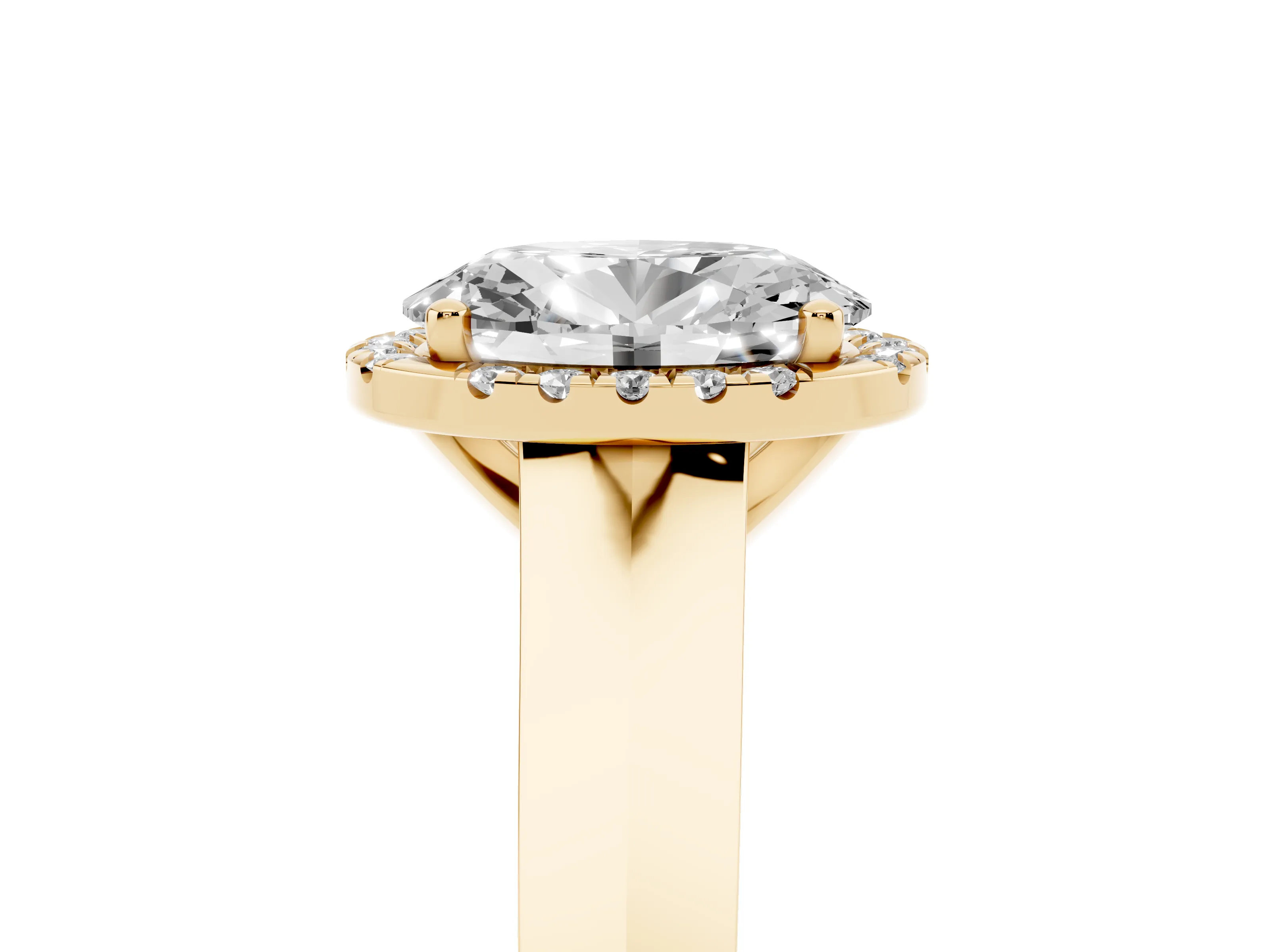 Oval Cut Diamond Halo Ring Set in Yellow gold with Cathedral Band and Prong Setting