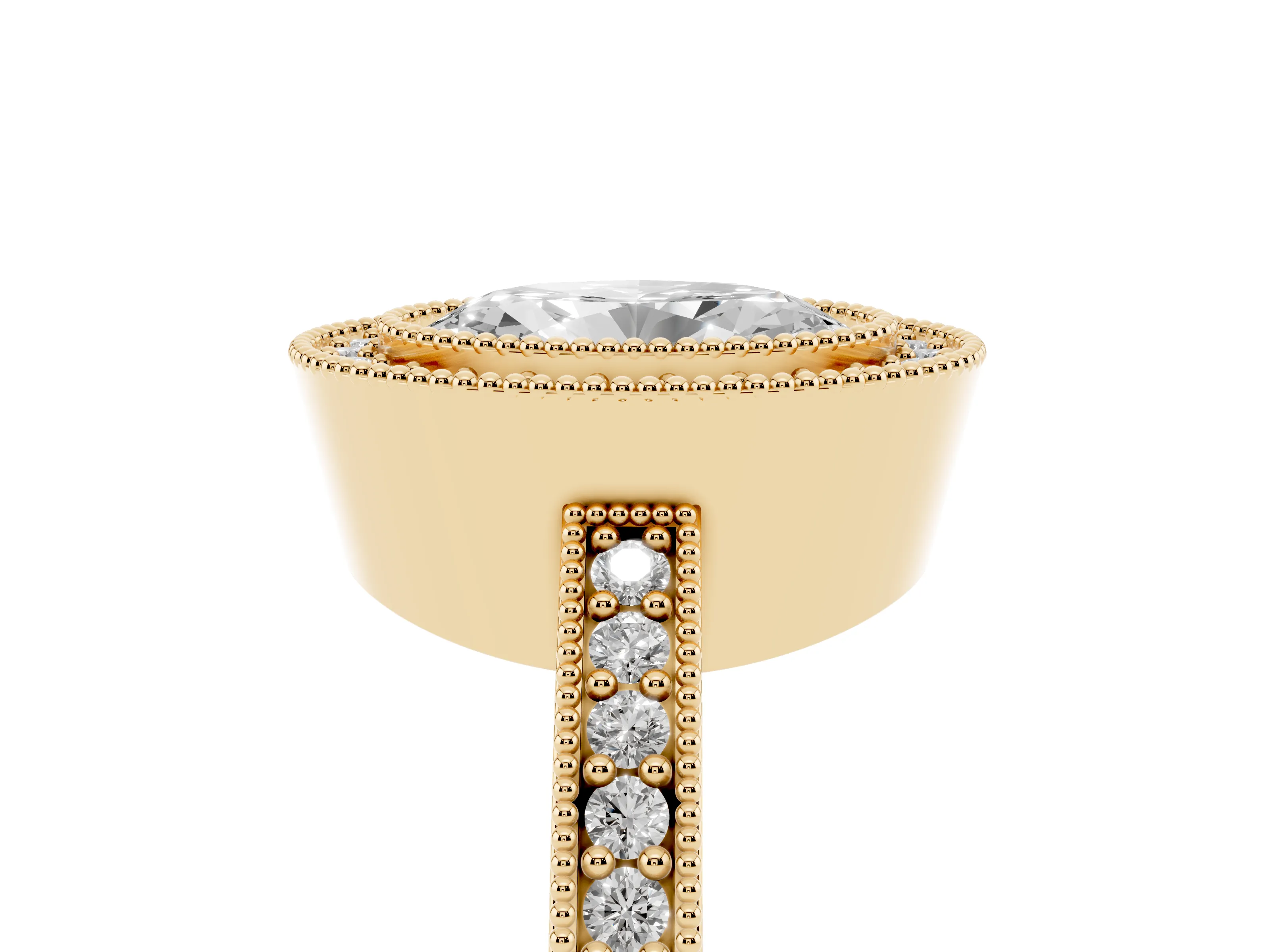 Oval Cut Diamond Halo Engagement Ring Set in Yellow gold with Pavé Band and Round Halo Stones