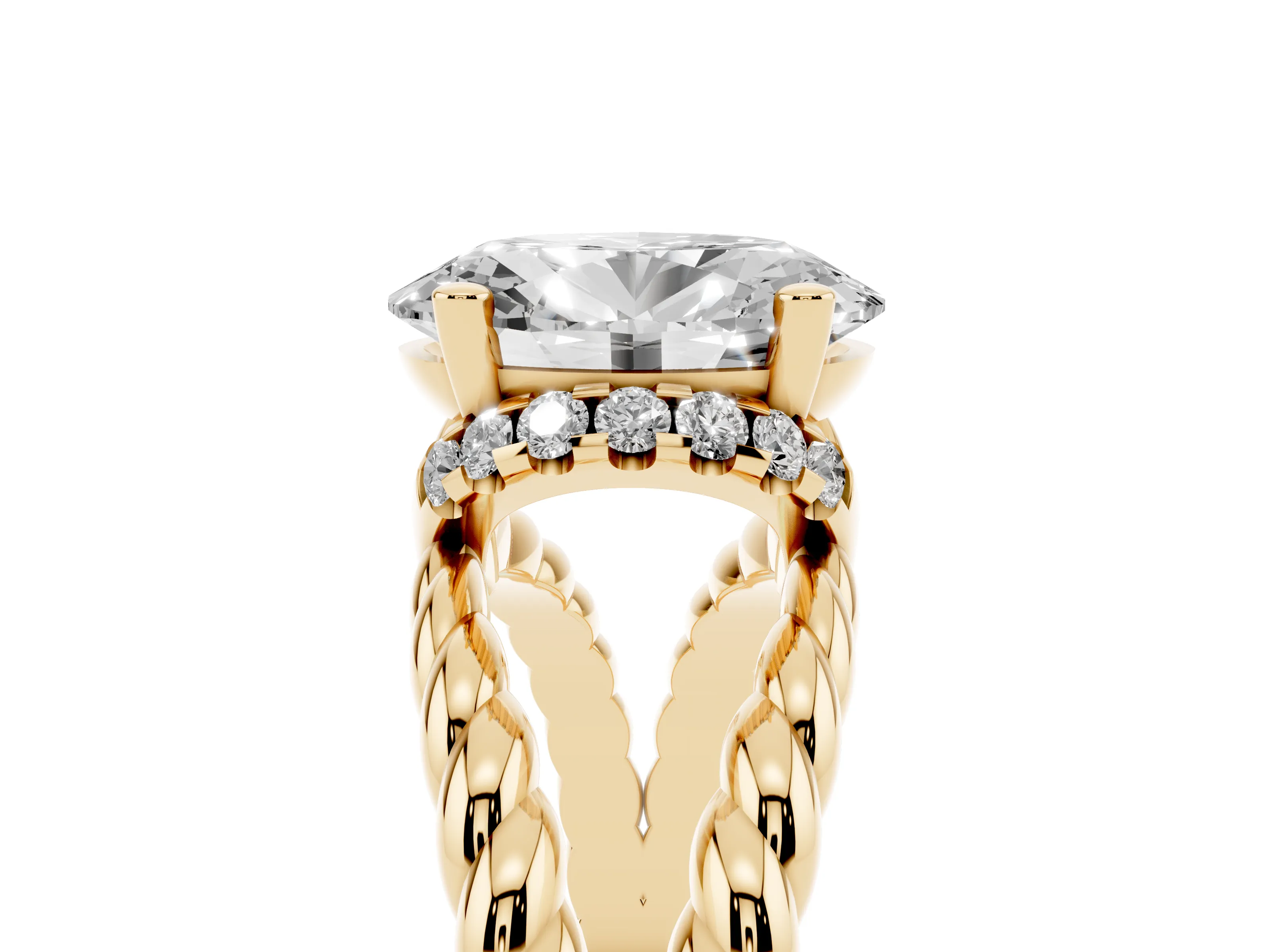 Oval Cut Diamond Halo Ring Set in Yellow gold with Twisted Band and Prong Setting