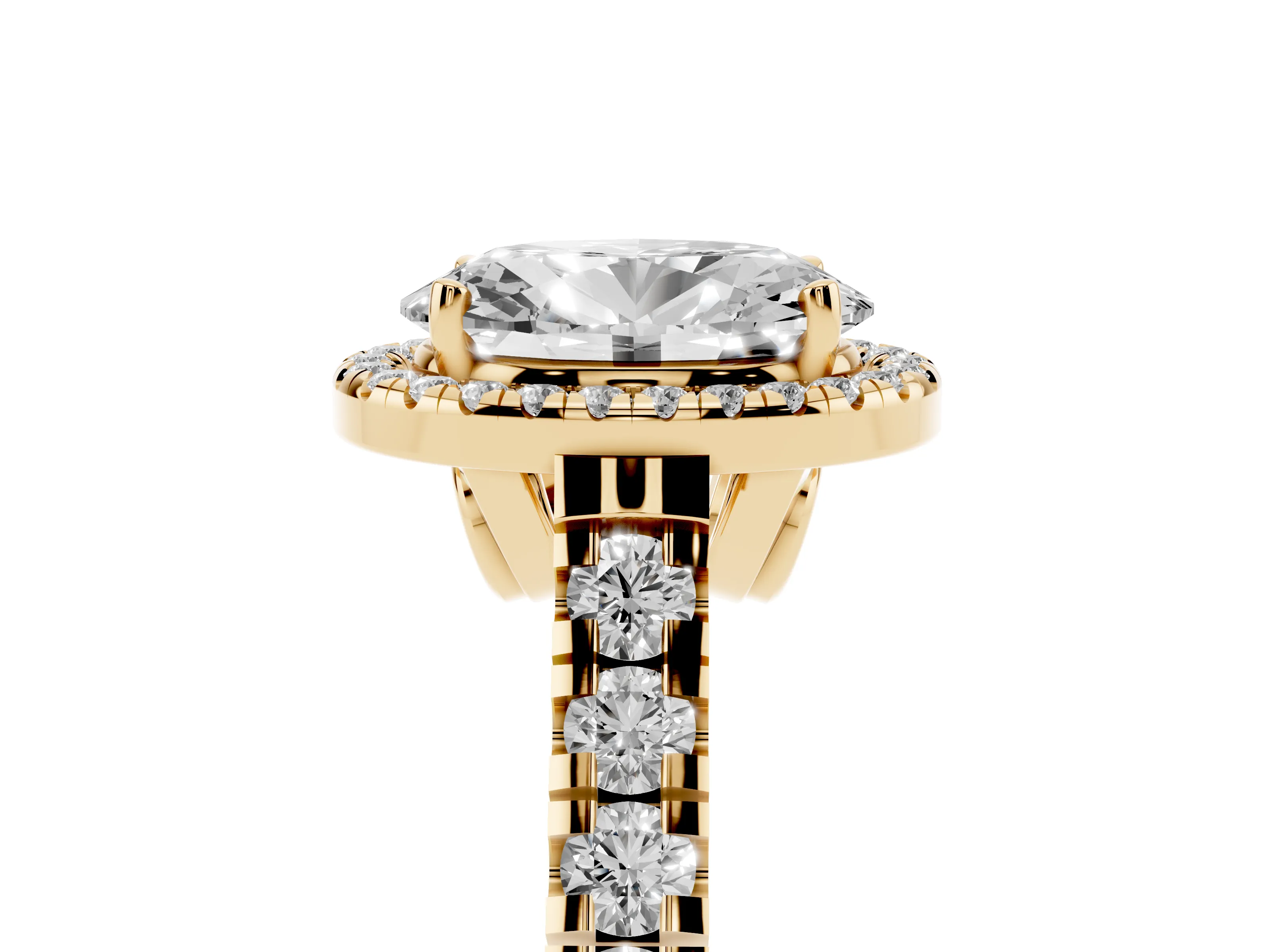 Oval Cut Diamond Halo Engagement Ring Set in Yellow gold with Pavé Band and Prong-Set Center