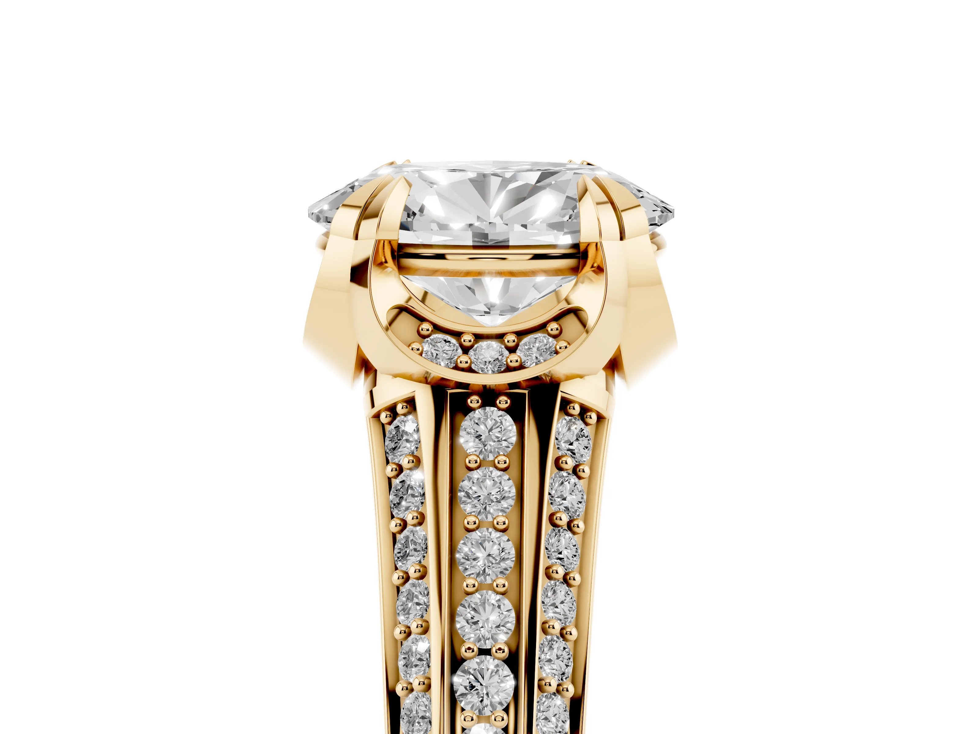 Oval Cut Diamond Pavé Split Shank Solitaire Ring Set in Yellow gold with Prong Setting
