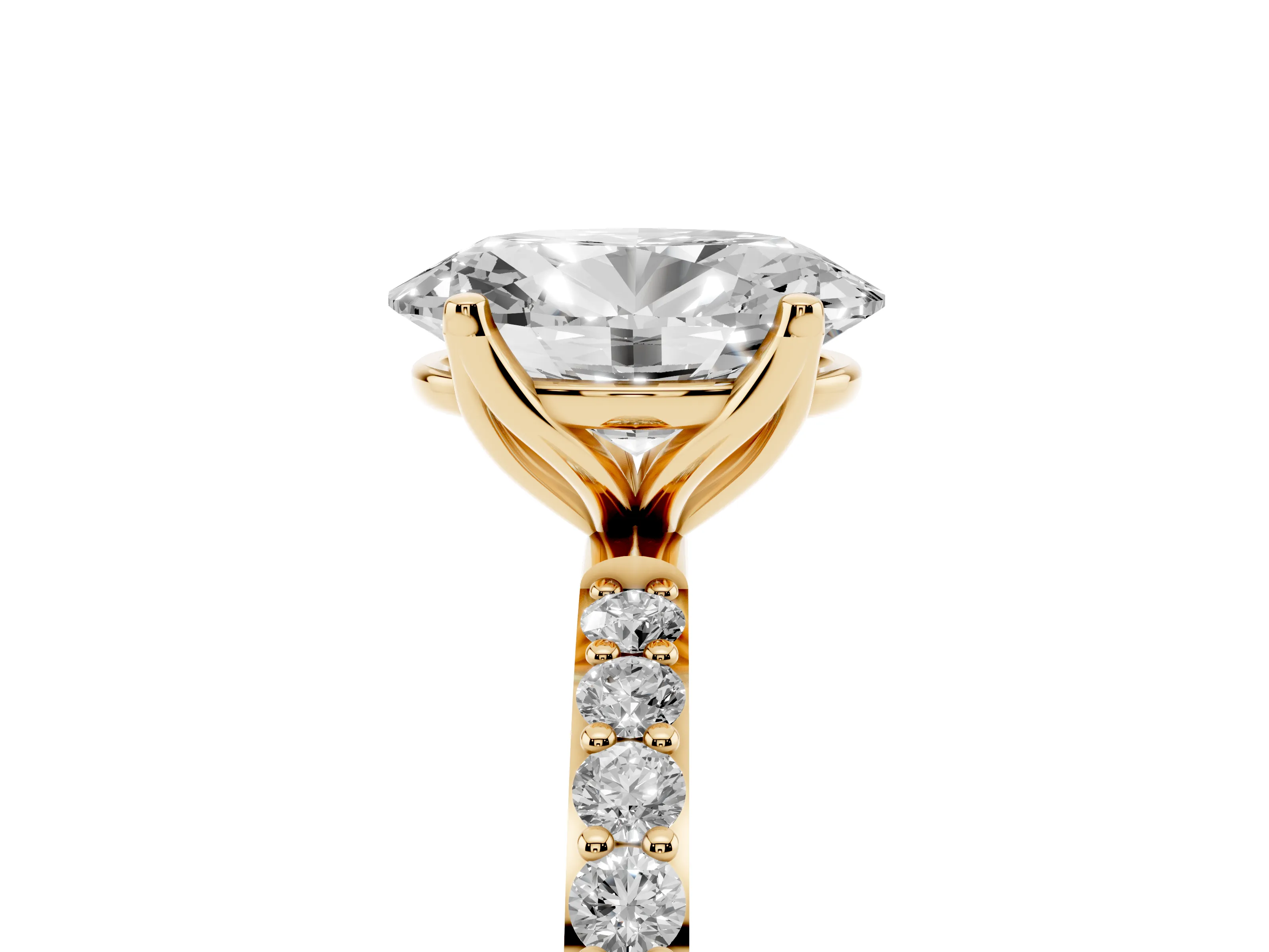 Oval Cut Diamond Solitaire Engagement Ring Set in Yellow gold with Round Pavé Band and Prong Setting