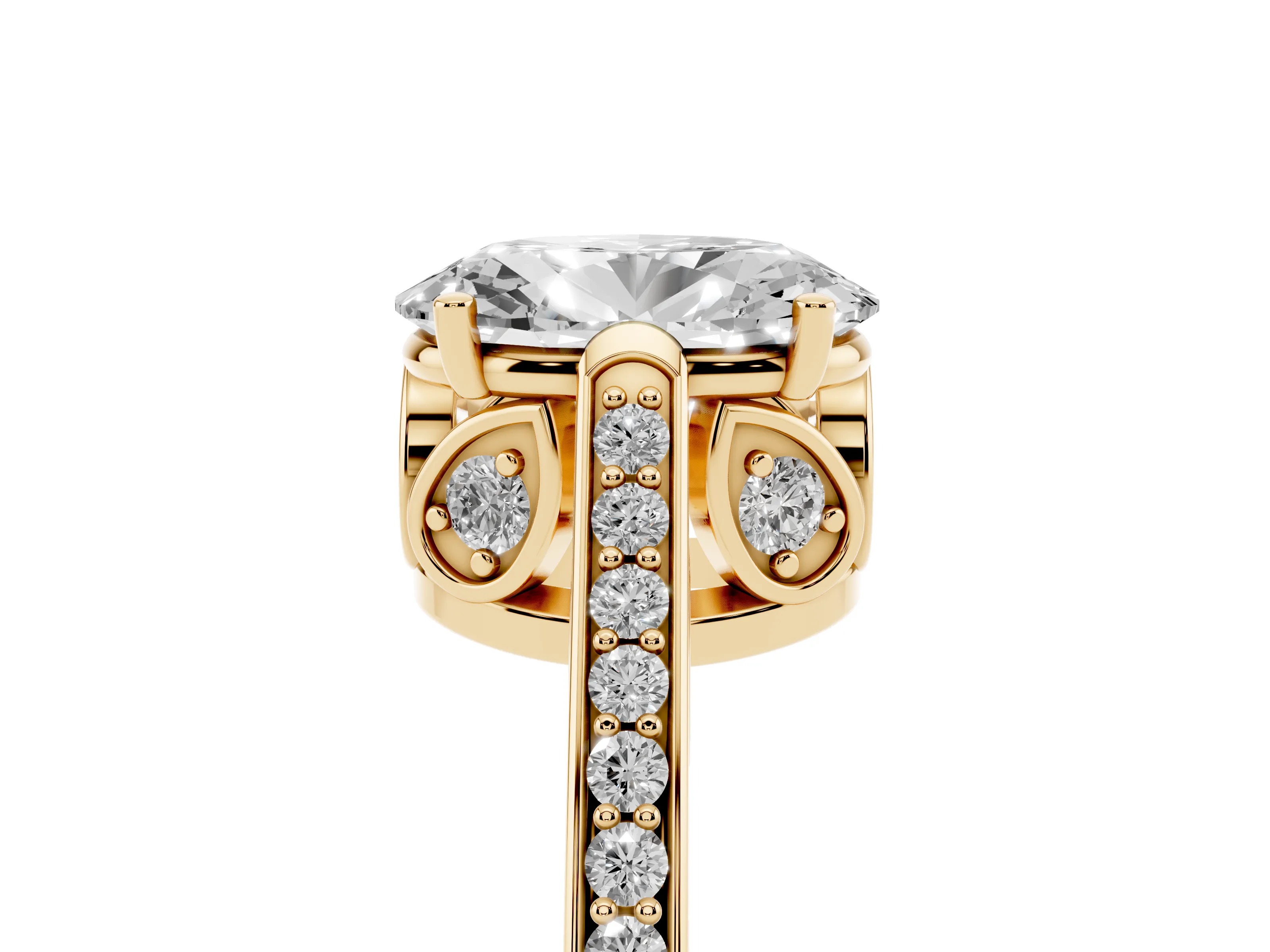 Oval Cut Diamond Cathedral Pavé Engagement Ring Set in Yellow gold with Prong Setting