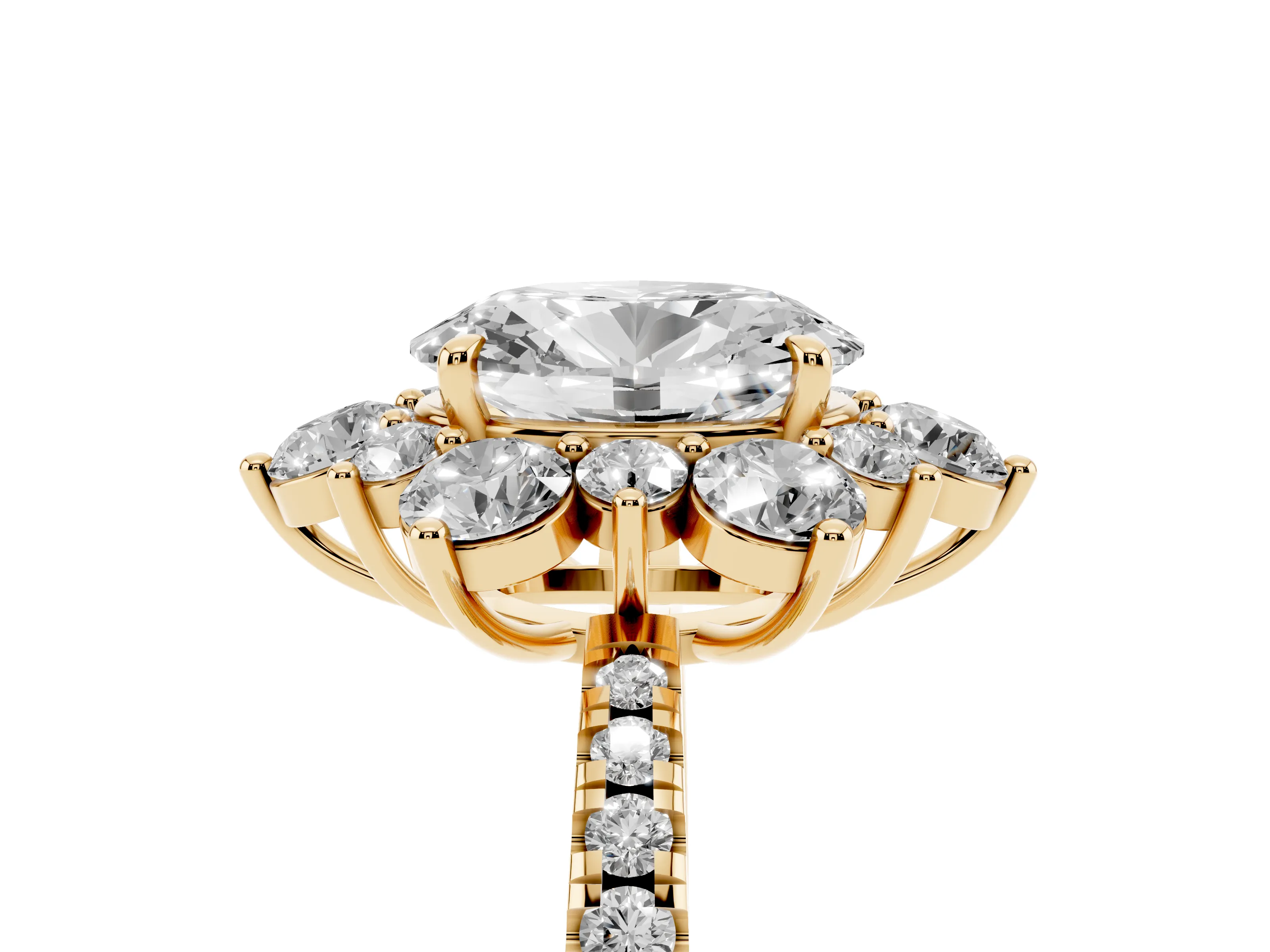 Oval Cut Diamond Floral Halo Ring Set in Yellow gold with Round Pavé Band and Prong Setting