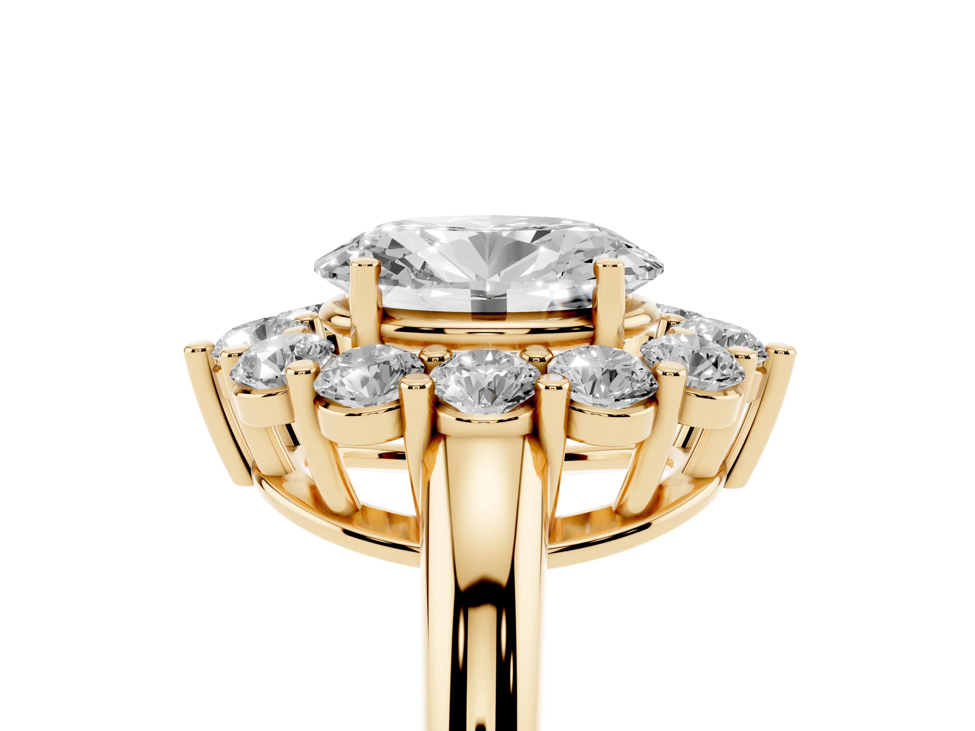 Oval Cut Diamond Halo Cluster Engagement Ring Set in Yellow gold with Polished Band and Prong Setting