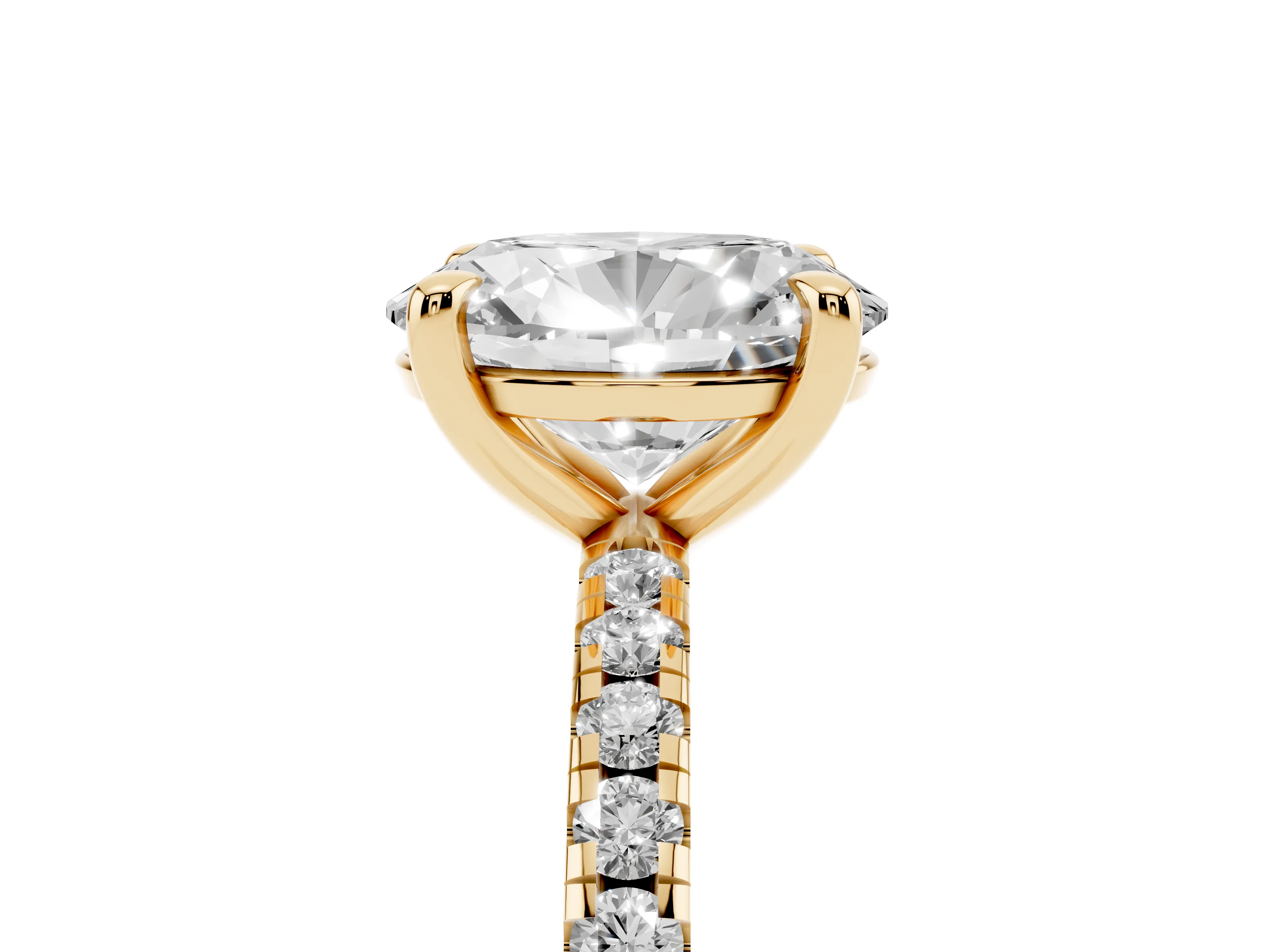 Oval Cut Diamond Brilliant Solitaire Ring Set in Yellow gold with Pavé Band and Prong Setting