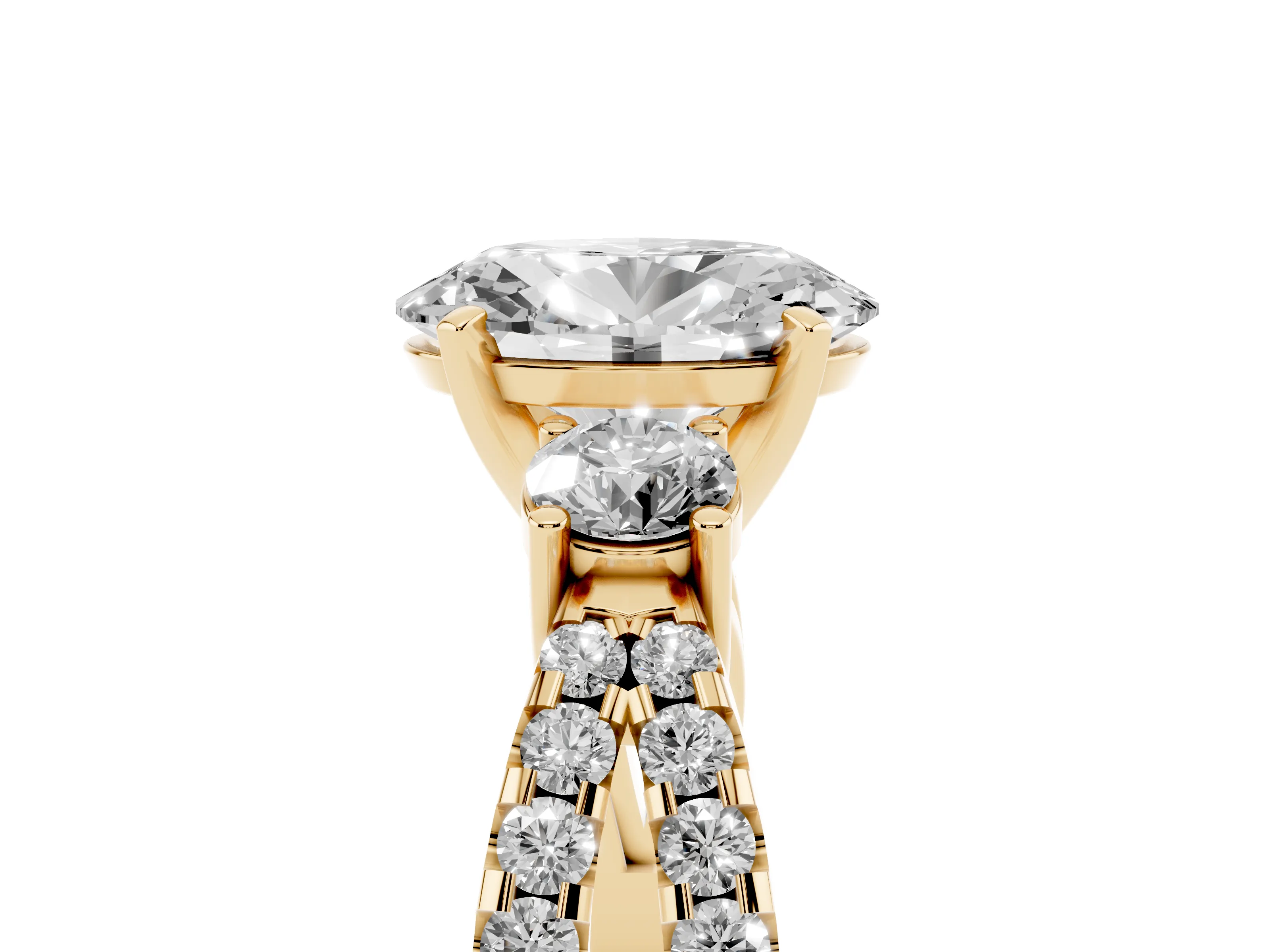 Oval Cut Diamond Three-Stone Ring Set in Yellow gold with Pavé Split Shank and Prong Setting