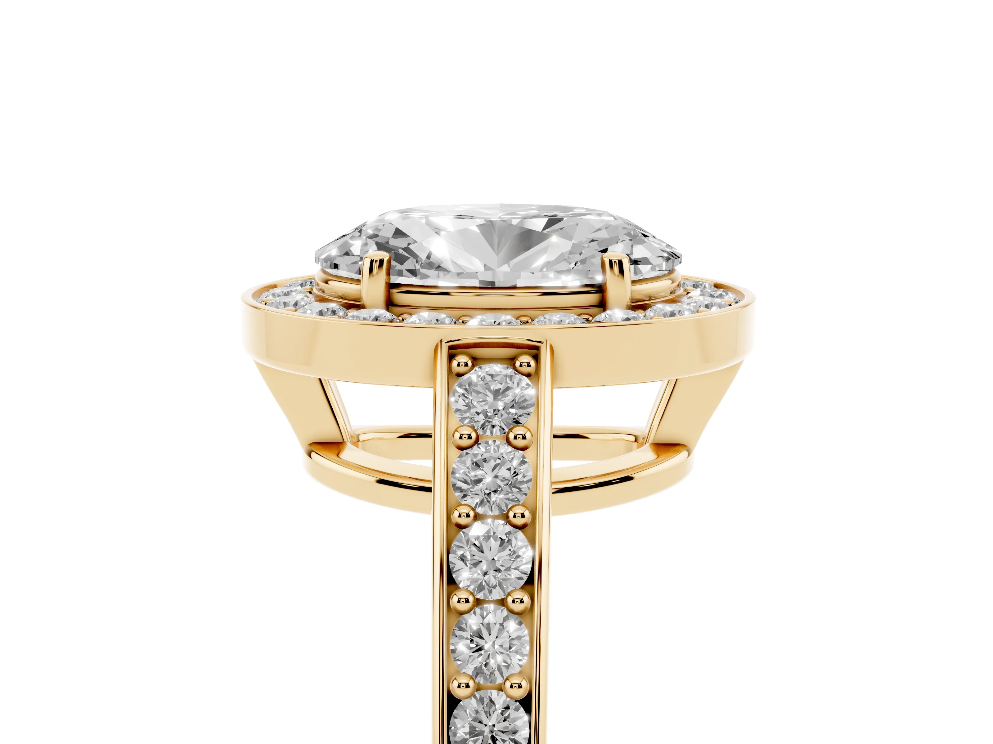 Oval Cut Diamond Halo Pavé Engagement Ring Set in Yellow gold with Bezel Setting