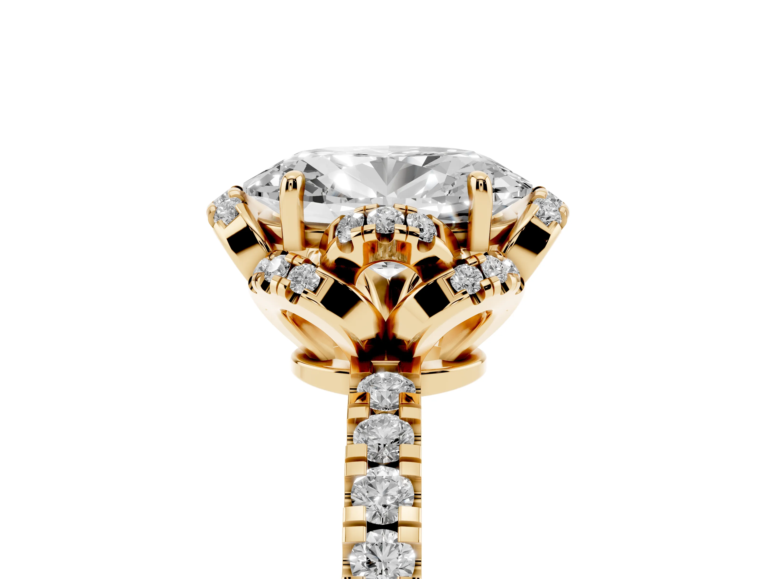 Oval Cut Diamond Halo Pavé Band Ring Set in Yellow gold with Prong-Held Center