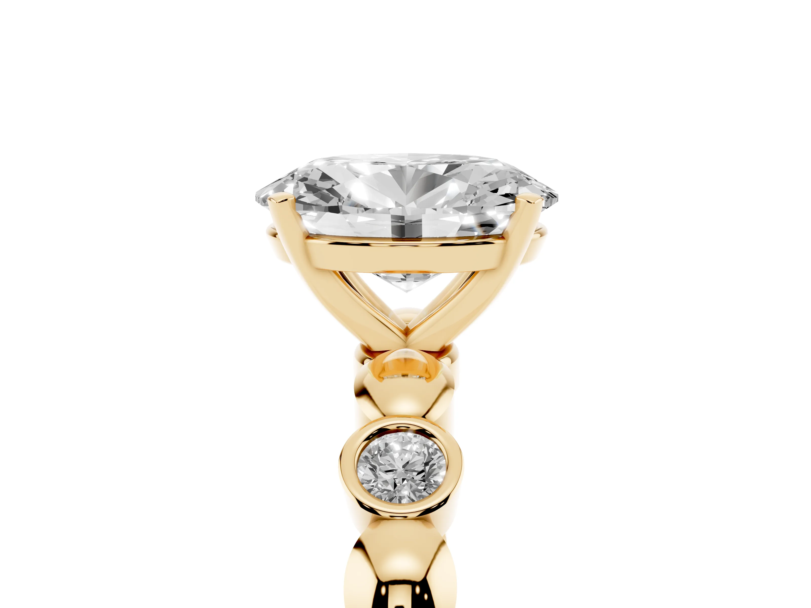 Oval Cut Diamond Solitaire Ring Set in Yellow gold with Bezel-Set Accents on Beaded Band and Prong Setting