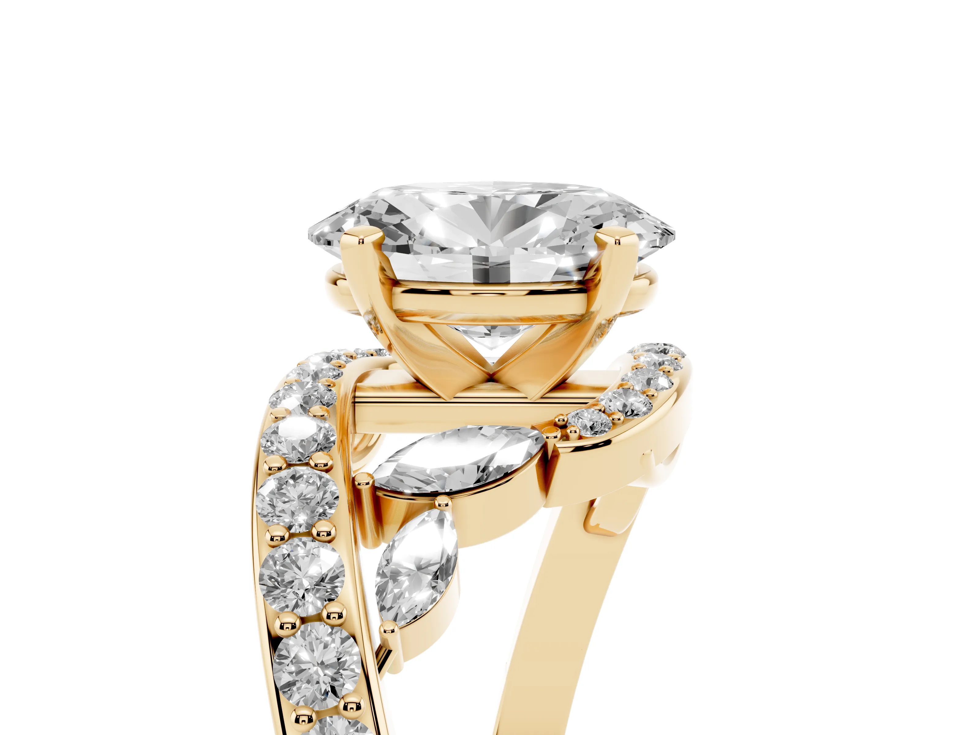 Oval Cut Diamond Solitaire Ring Set in Yellow gold with Pavé Twist Band and Secure Prong Setting