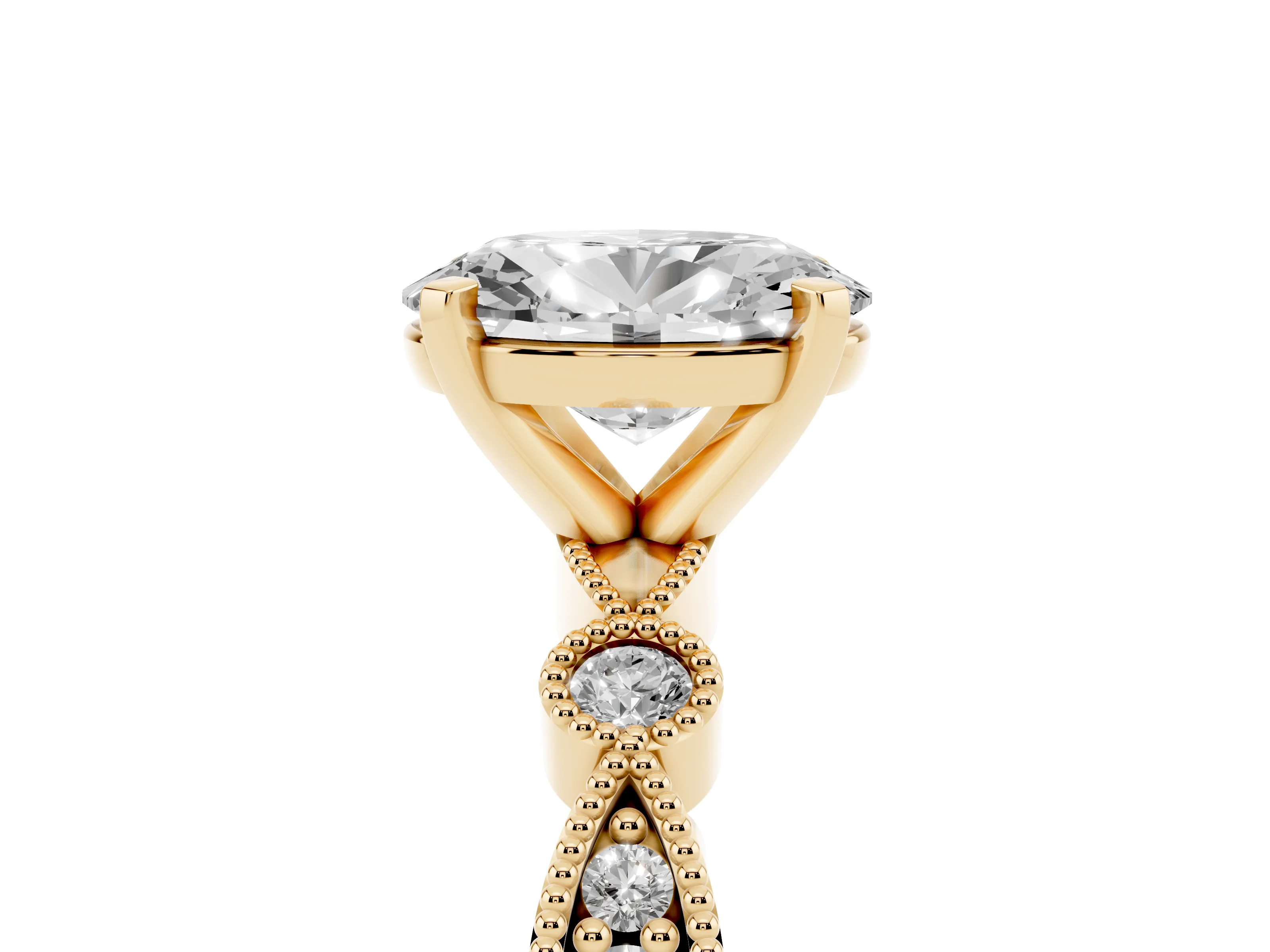 Oval Cut Diamond Solitaire Engagement Ring Set in Yellow gold with Milgrain Bezel Accent Band
