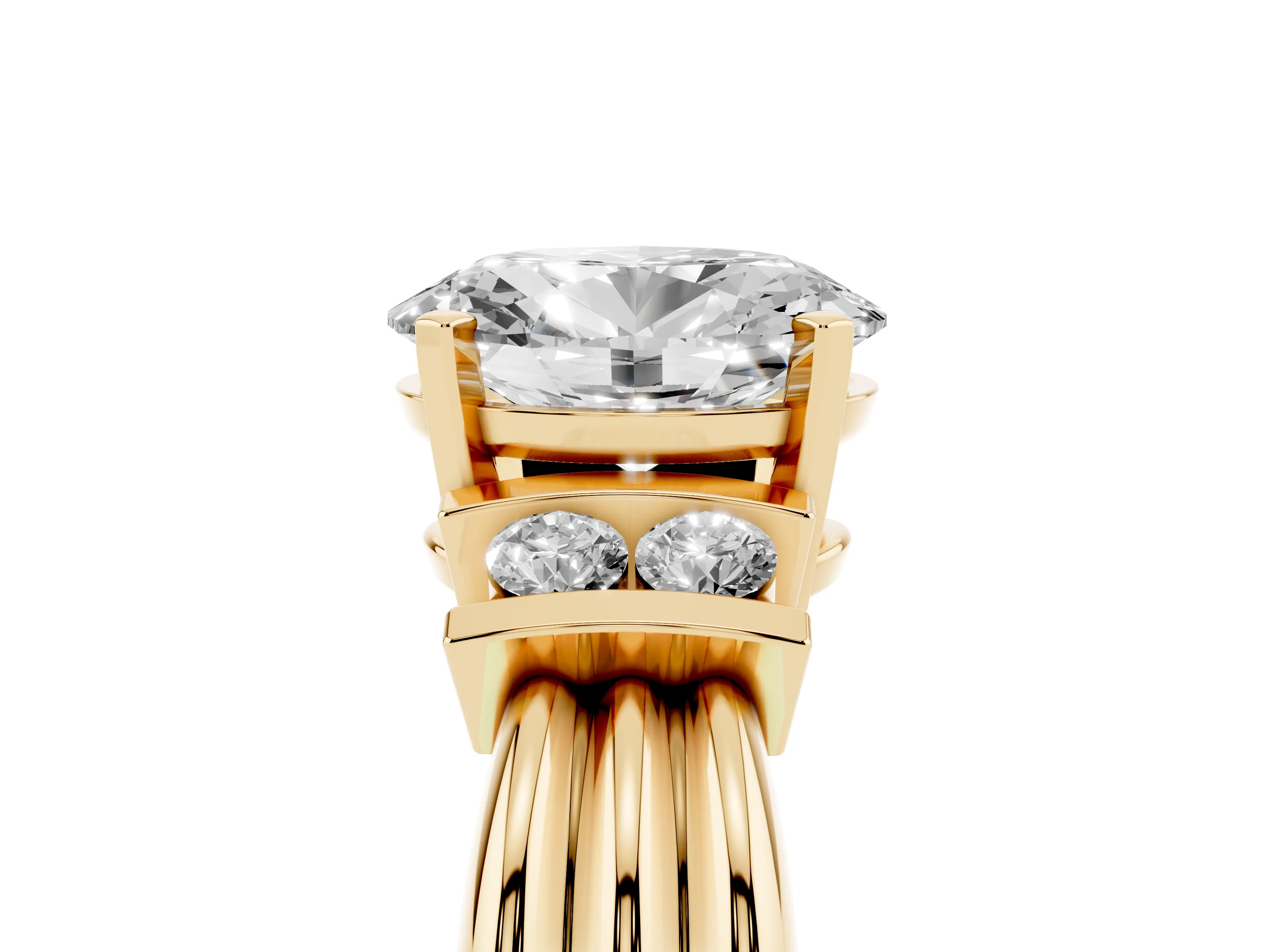 Three-Stone Oval Cut Diamond Channel Set Ring Set in Yellow gold with Bar Prongs