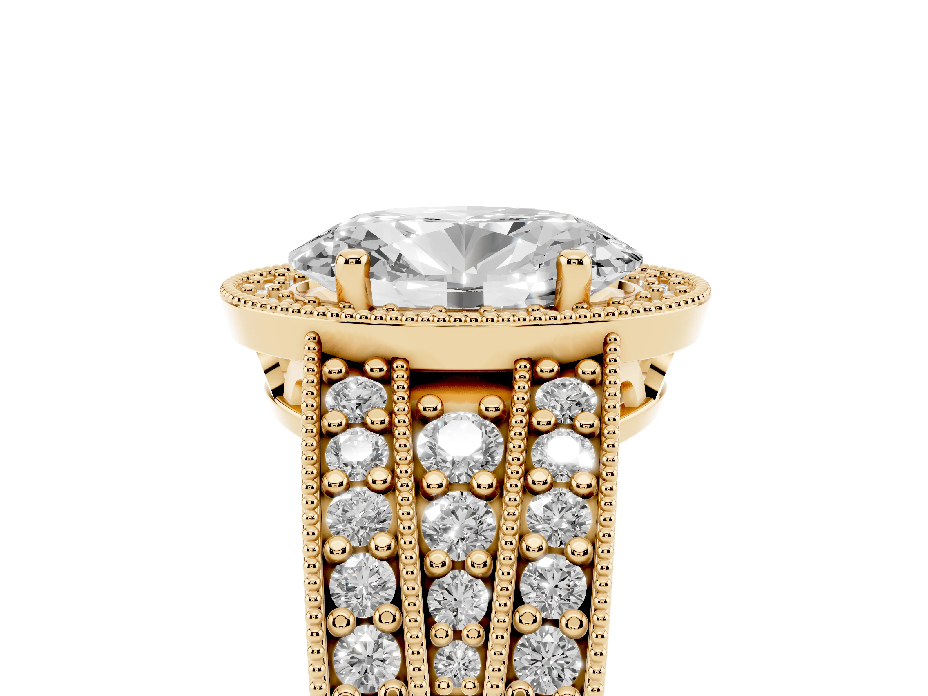 Oval Cut Diamond Halo Ring Set in Yellow gold with Accent Split Shank and Prong Setting