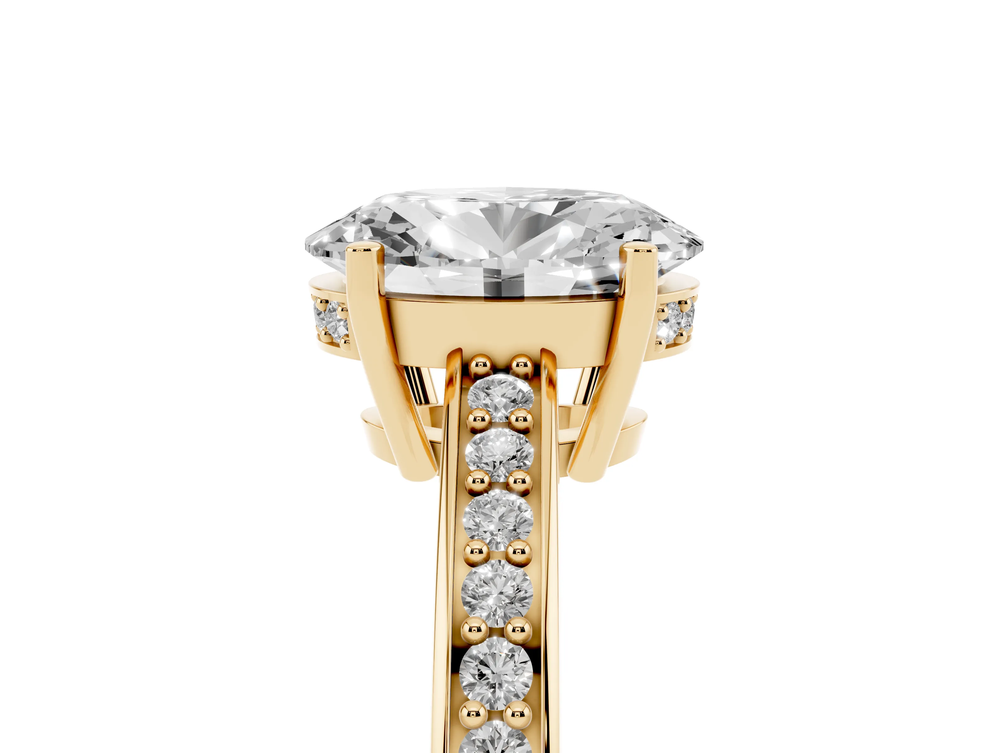 Oval Cut Diamond Pavé Band Prong Set Solitaire Ring Set in Yellow gold