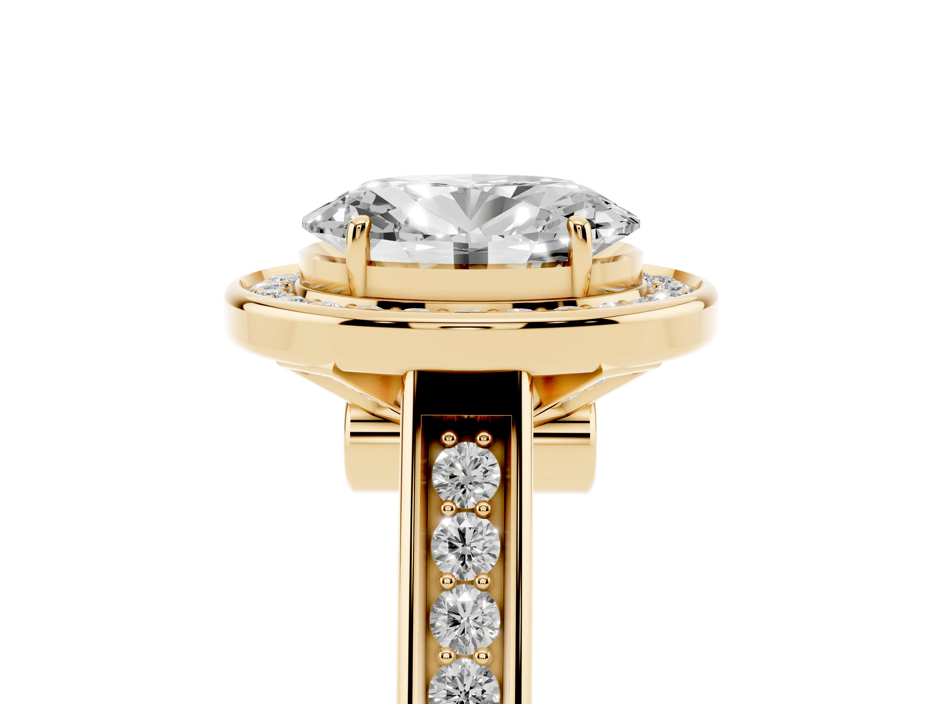 Oval Cut Diamond Halo Solitaire Ring Set in Yellow gold with Pavé Band and Bezel Setting