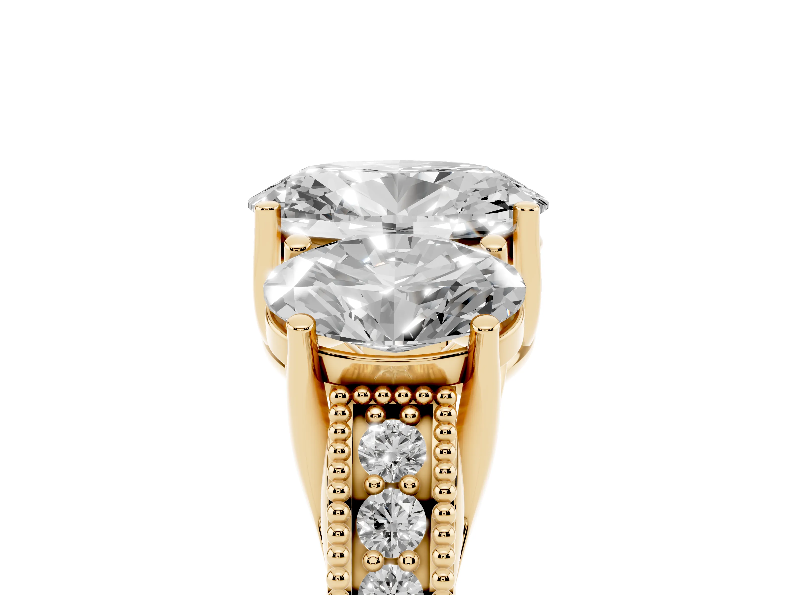 Oval Cut Diamond Three-Stone Engagement Ring Set in Yellow gold with Milgrain Pavé Band