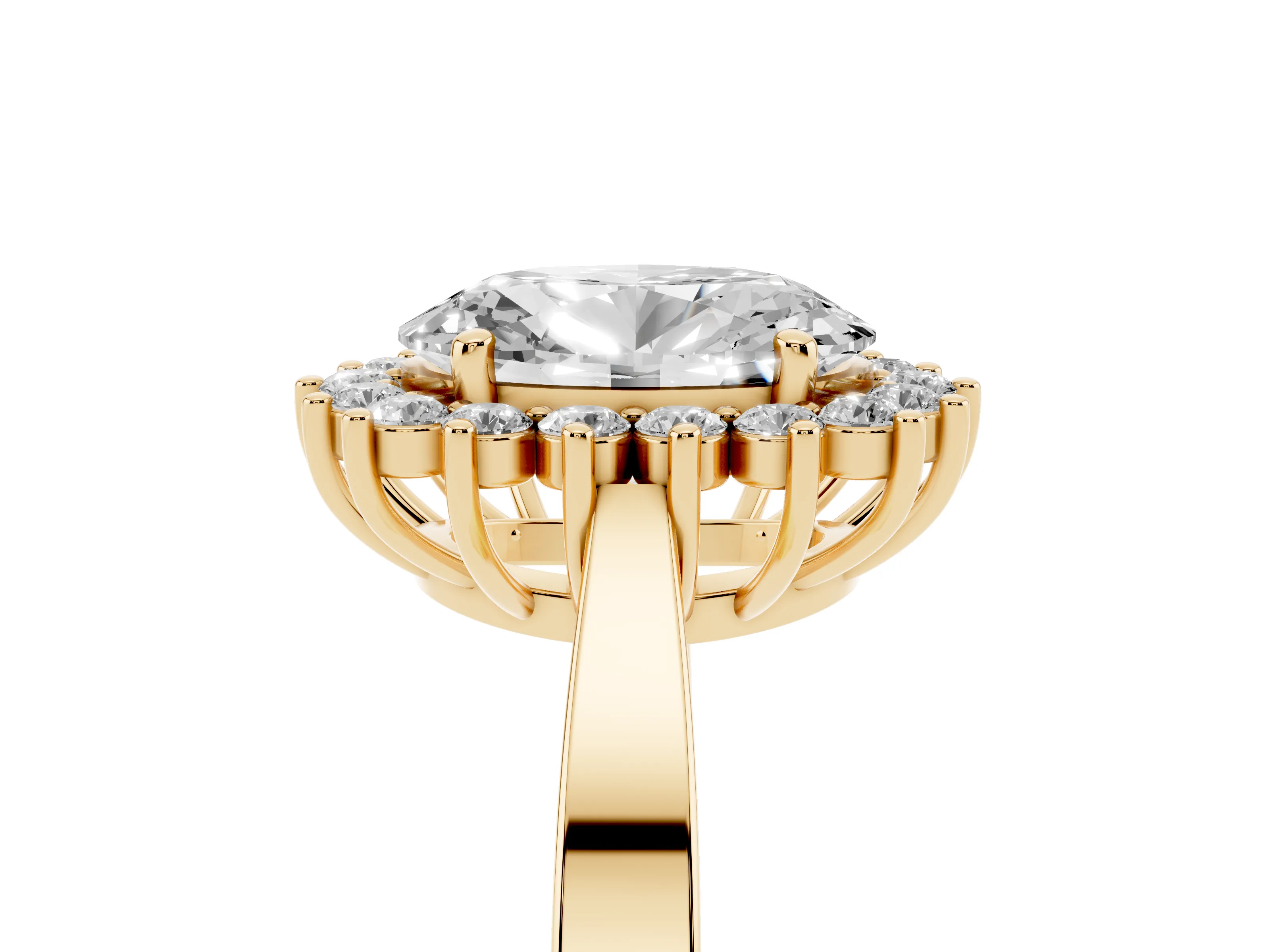 Oval Cut Diamond Halo Ring Set in Yellow gold with Round Halo and Smooth Solitaire Band