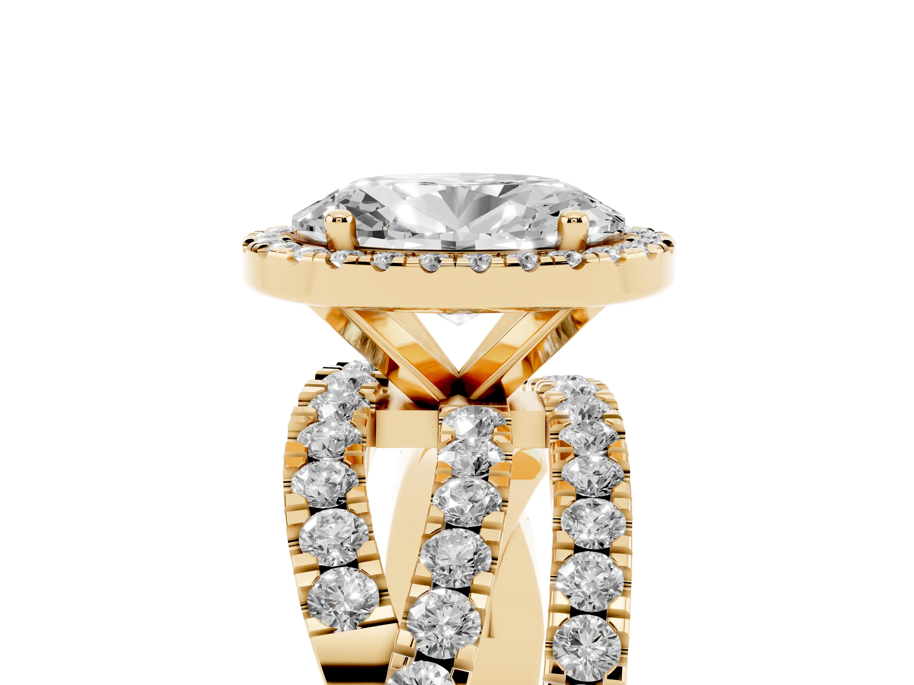 Oval Cut Diamond Halo Ring Set in Yellow gold with Round Crossover Split Shank and Prong Setting