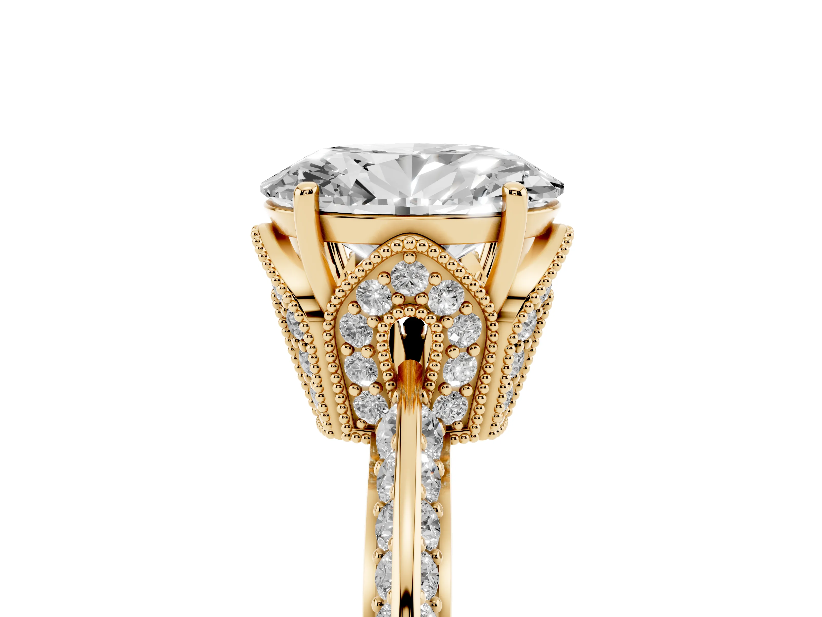 Oval Cut Diamond Solitaire Engagement Ring Set in Yellow gold with Pavé Split Shank and Prong Setting