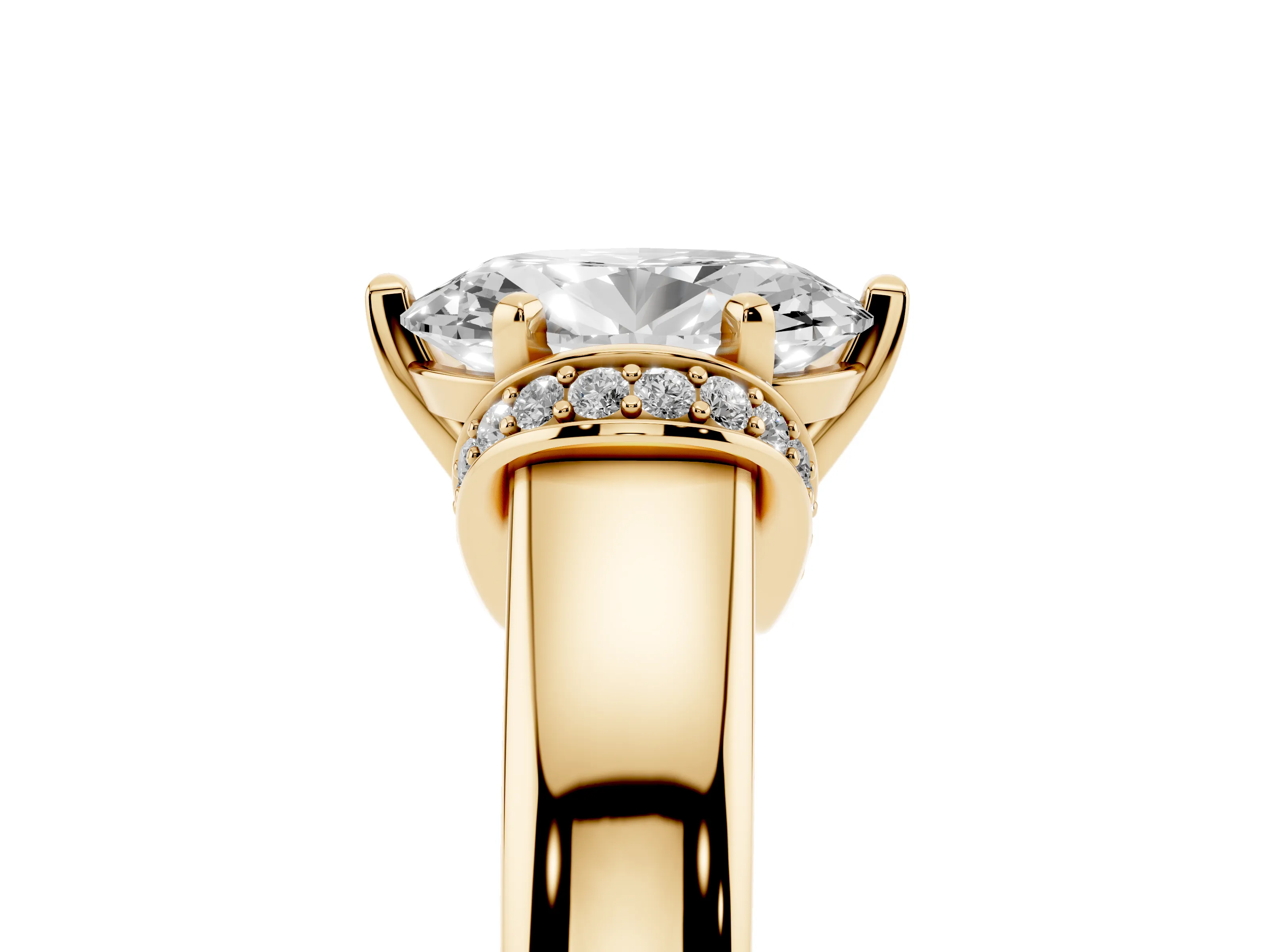 Oval Cut Diamond Pavé Band Solitaire Ring Set in Yellow gold with Prong Setting