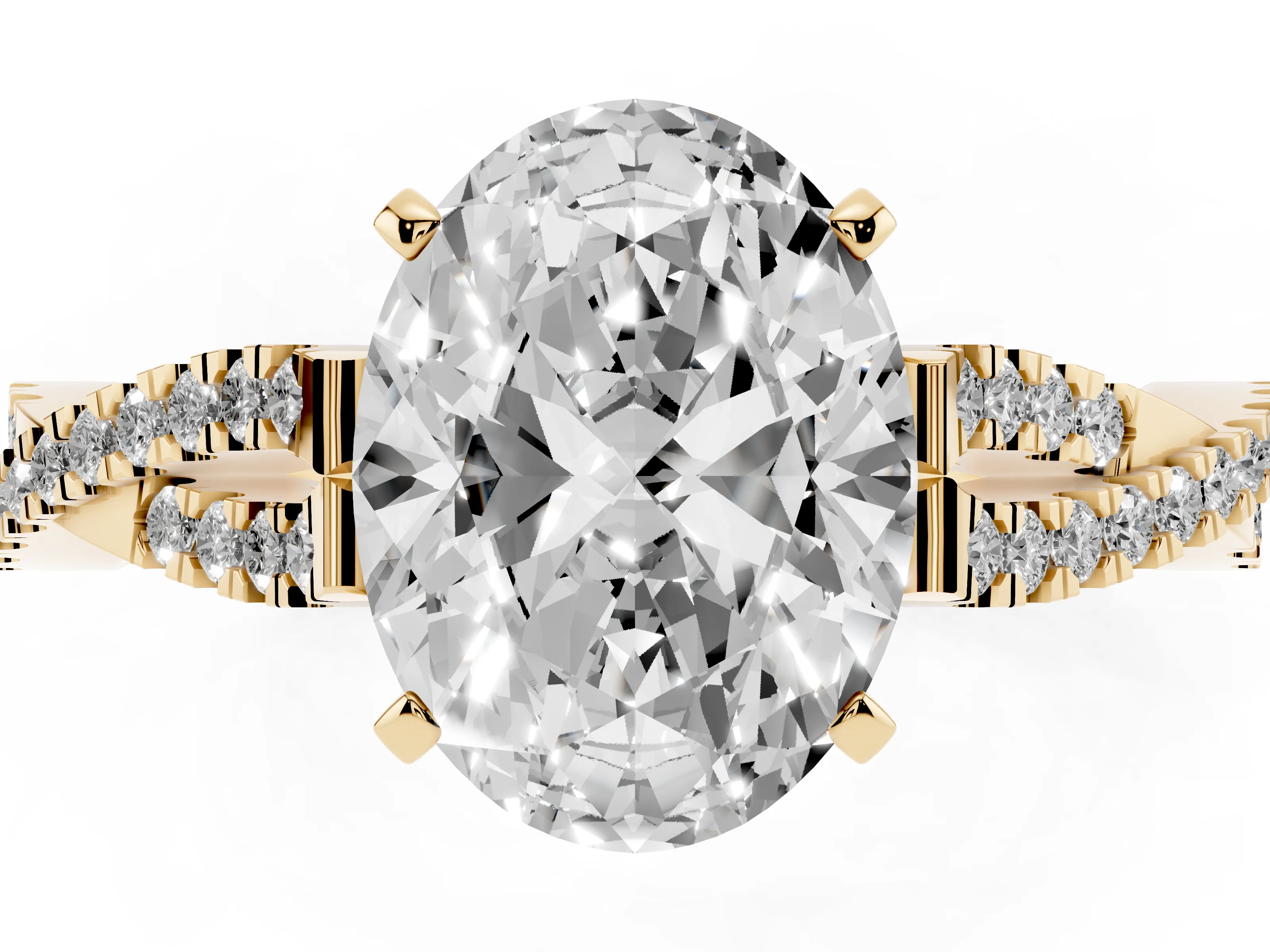 Oval Cut Diamond Solitaire Engagement Ring Set in Yellow gold with Twisted Pavé Band and Prong Setting