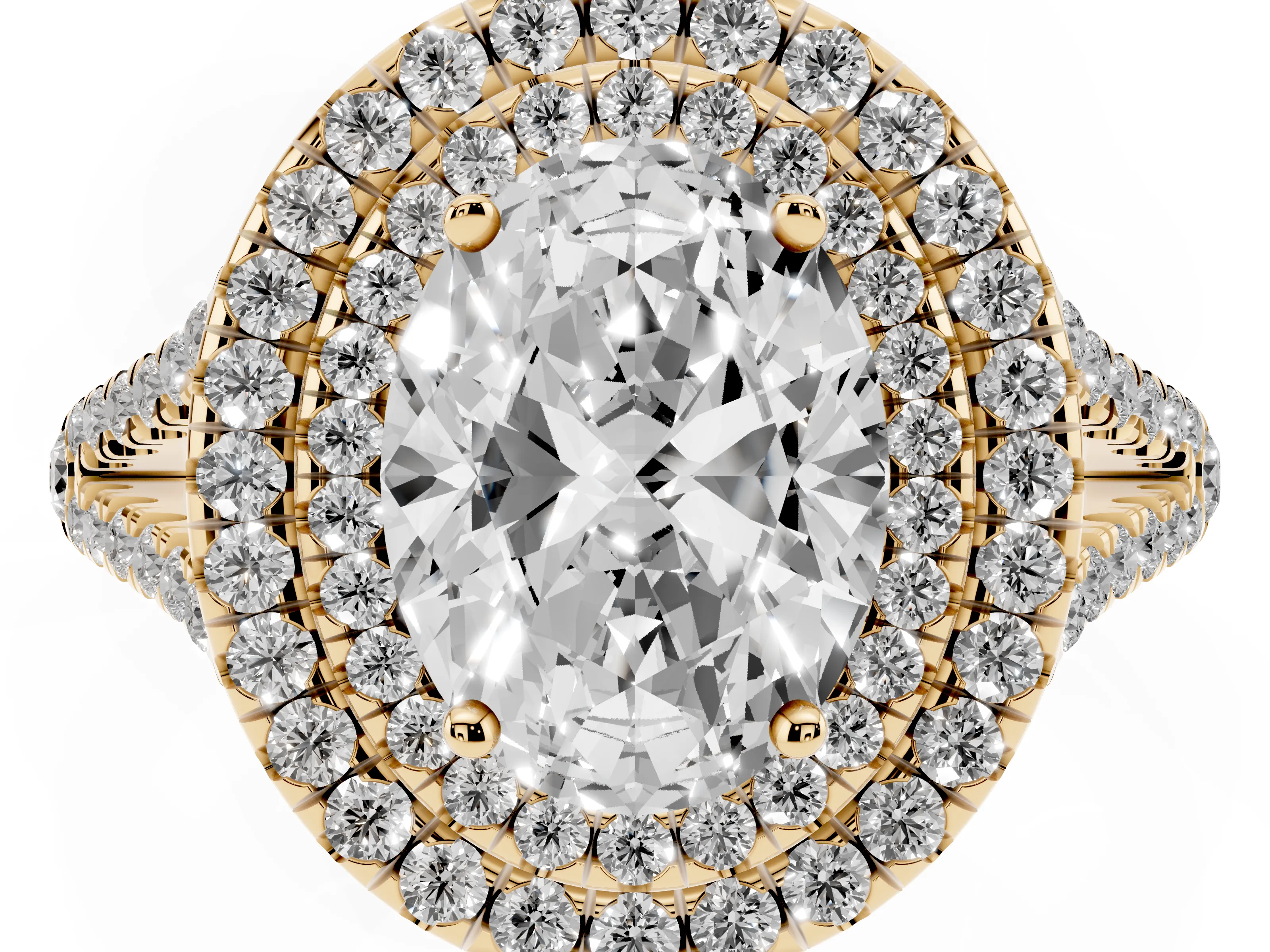 Oval Cut Diamond Double Halo Ring Set in Yellow gold with Pavé Band