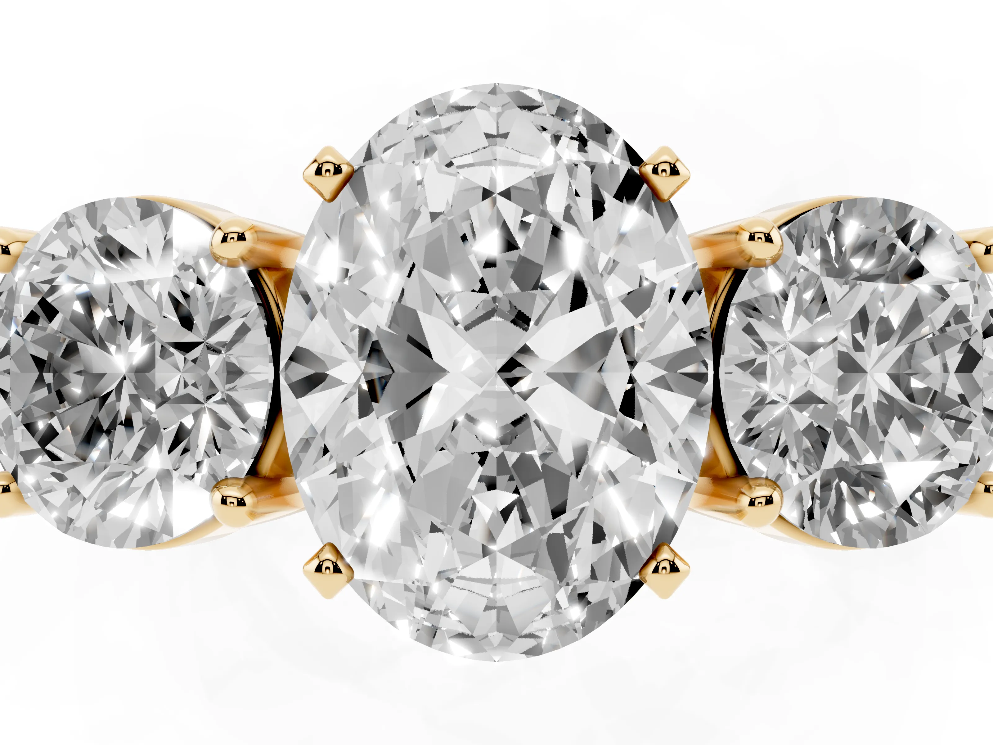 Oval Cut Diamond Three-Stone Ring Set in Yellow gold with Round Side Stones and Classic Band