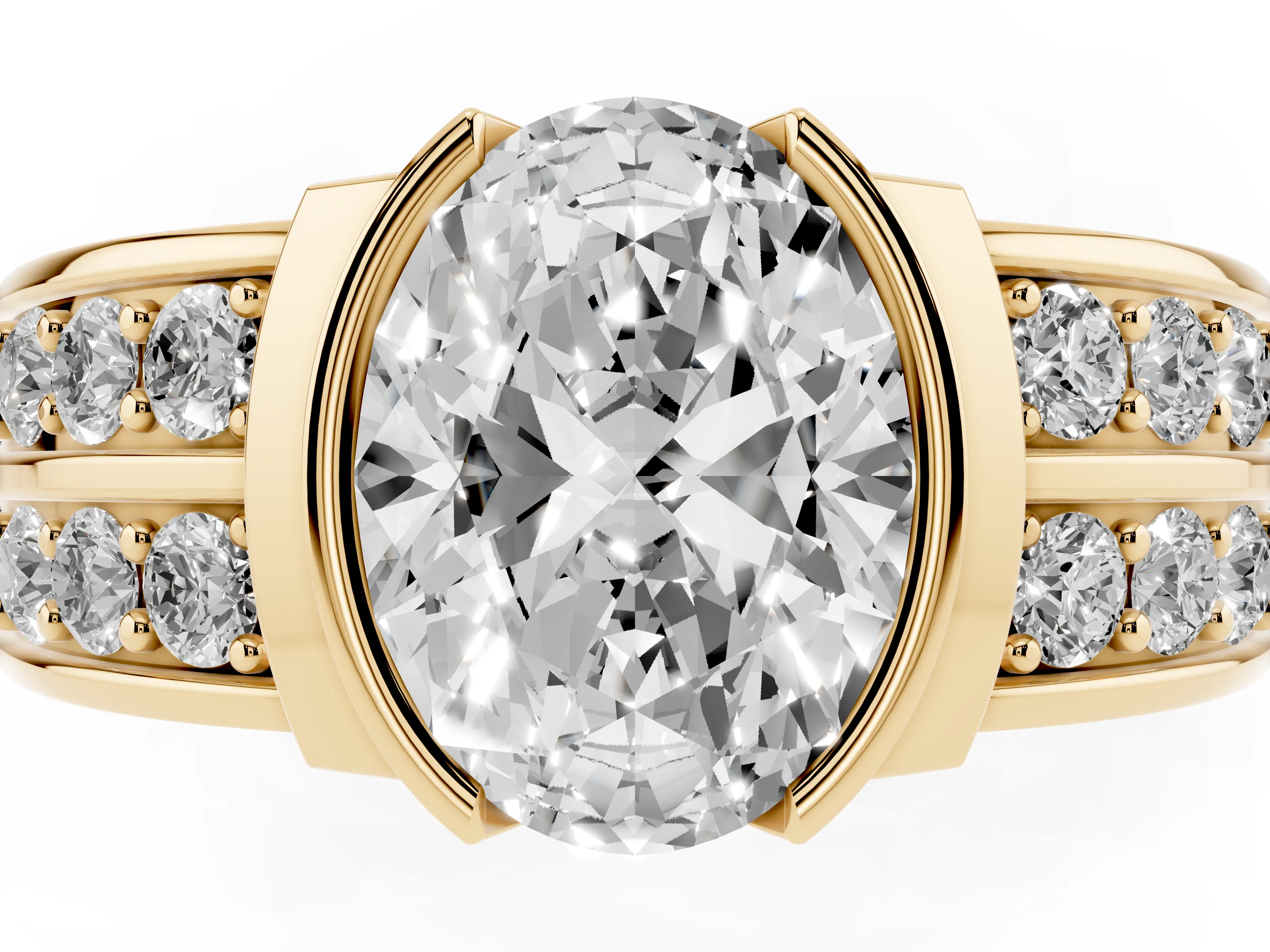 Oval Cut Diamond Wide Channel Set Band Ring Set in Yellow gold with Bezel Setting