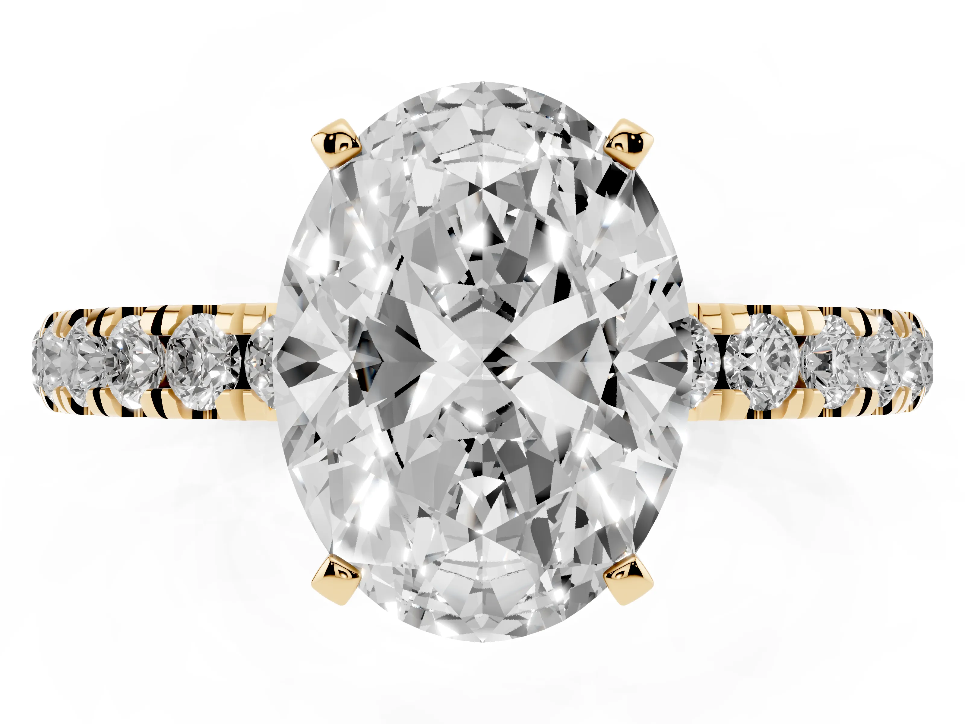 Oval Cut Diamond Solitaire Ring Set in Yellow gold with Pavé Accents and Prong Setting
