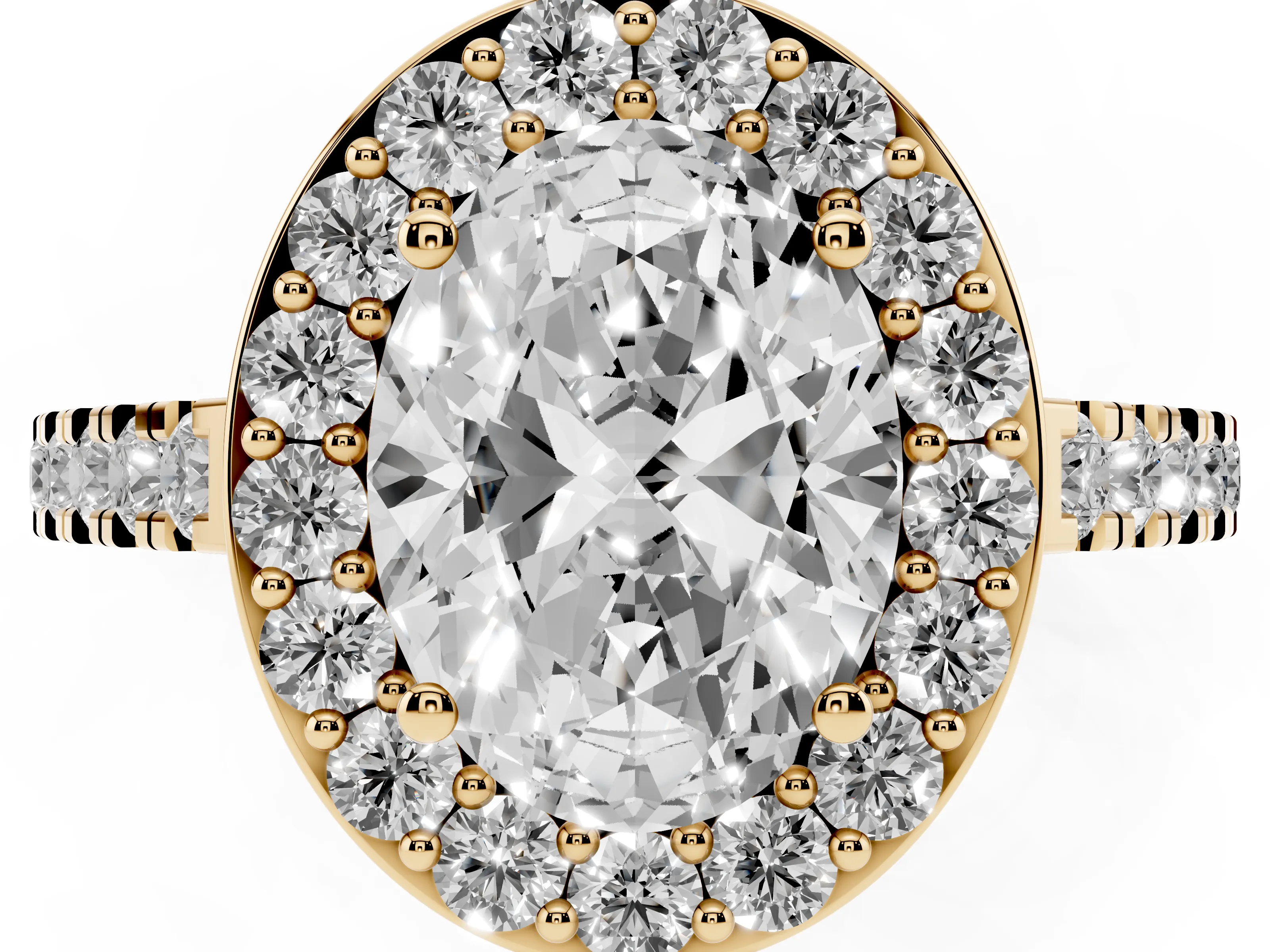 Oval Cut Diamond Halo Ring Set in Yellow gold with Round Pavé Split Shank and Prong Setting