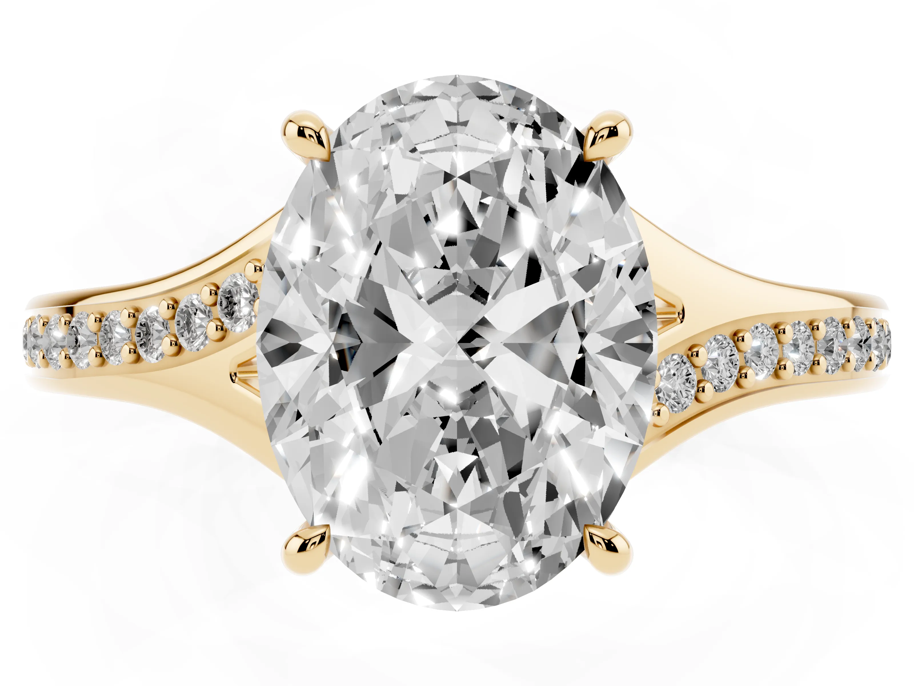 Oval Cut Diamond Solitaire Ring Set in Yellow gold with Pavé Accent Band and Classic Prong Setting