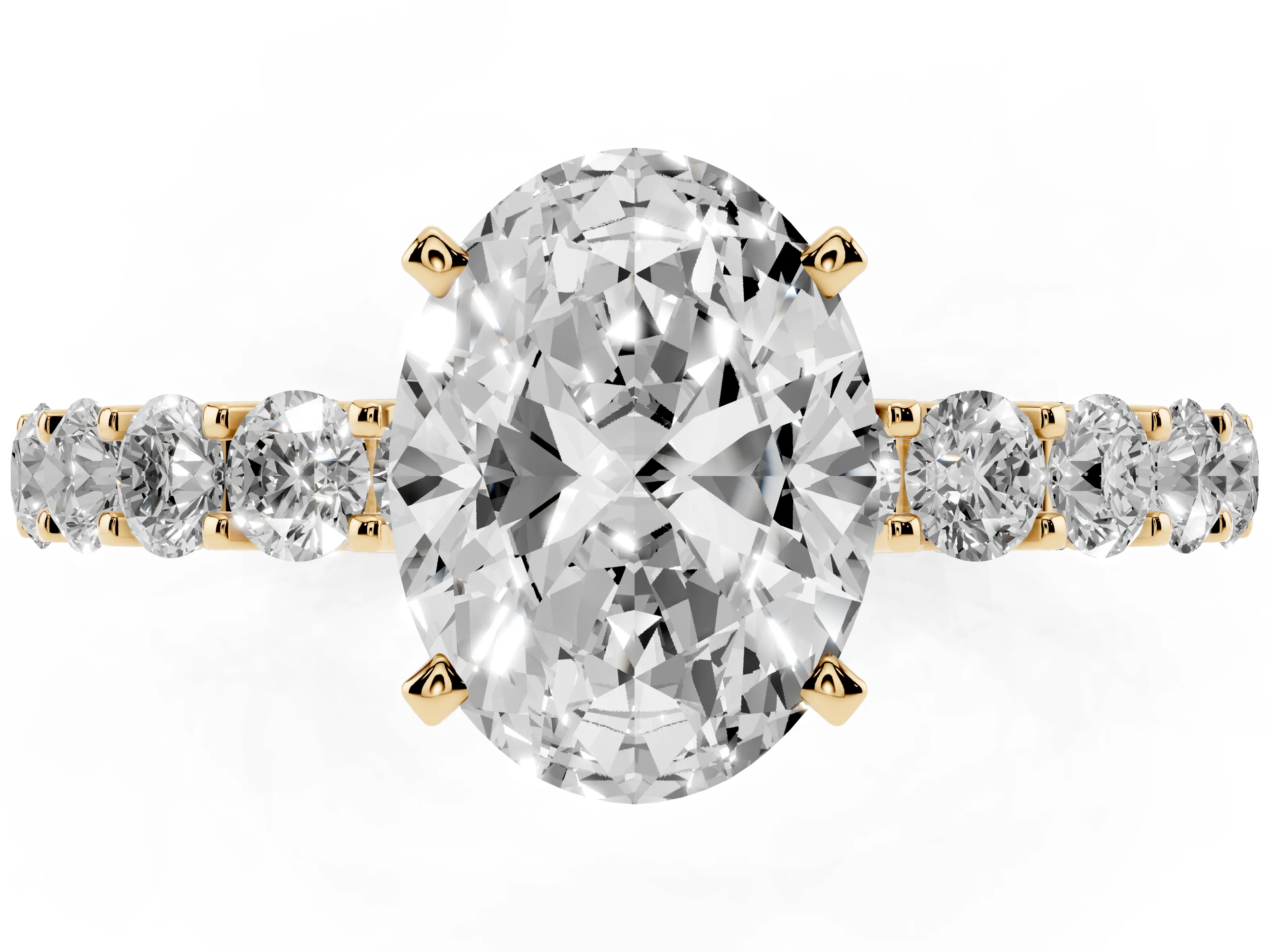 Oval Cut Diamond Solitaire Ring Set in Yellow gold with Shared Prong Pavé Band