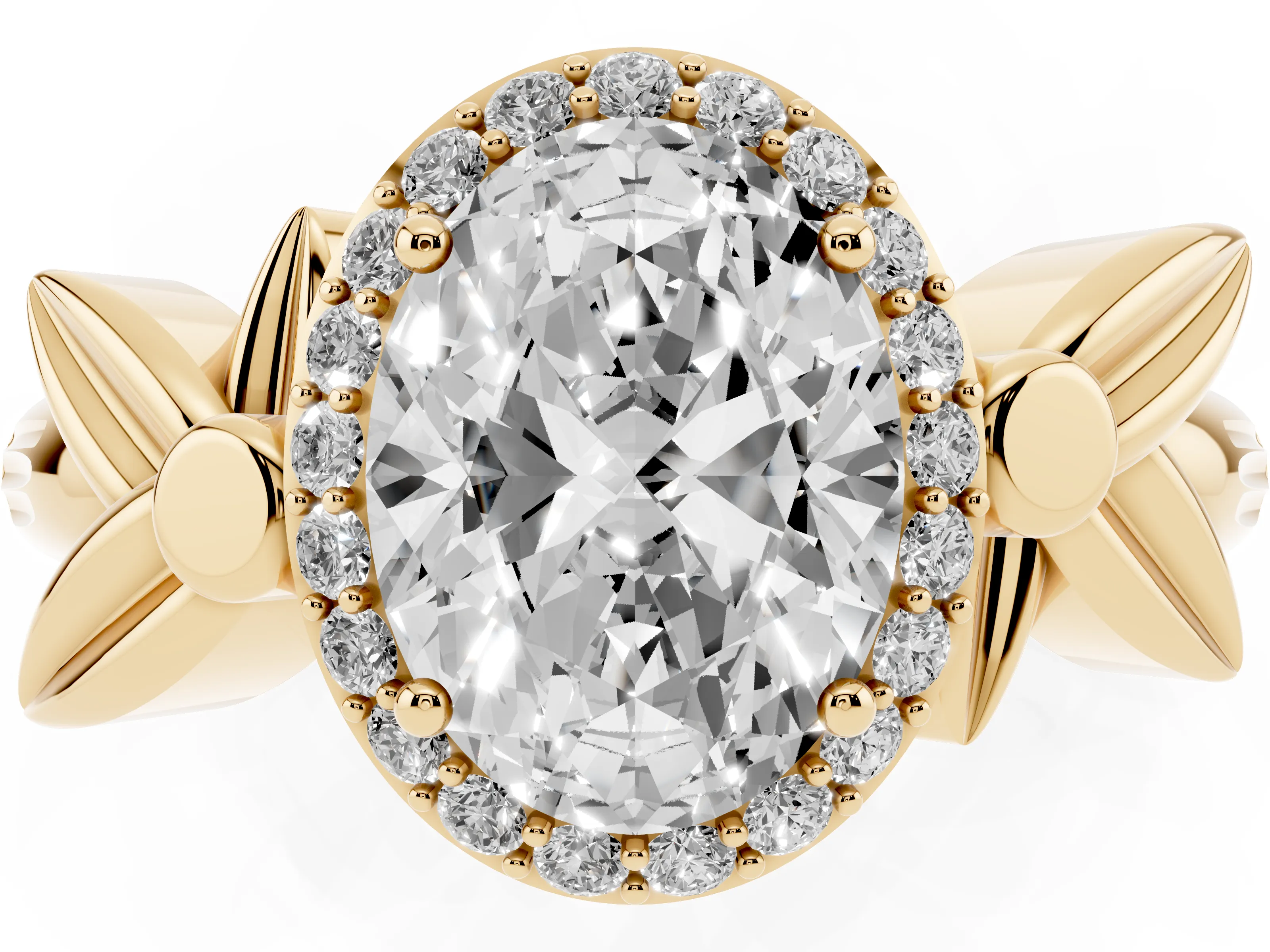 Oval Cut Diamond Halo Floral Band Ring Set in Yellow gold with Prong Setting