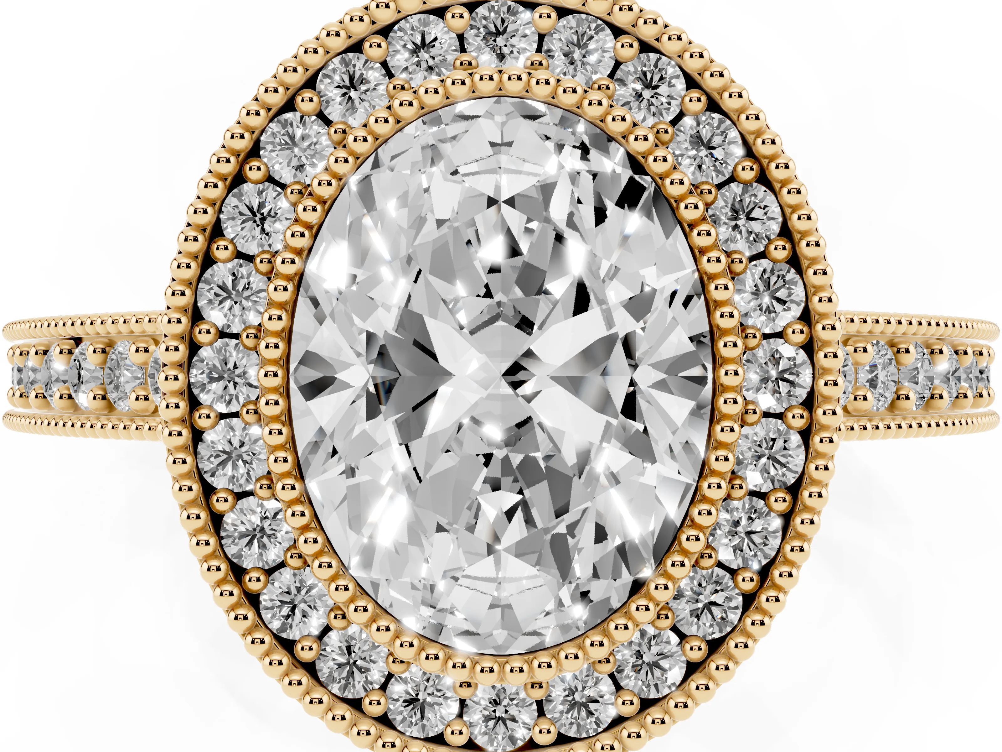 Oval Cut Diamond Halo Engagement Ring Set in Yellow gold with Pavé Band and Round Halo Stones