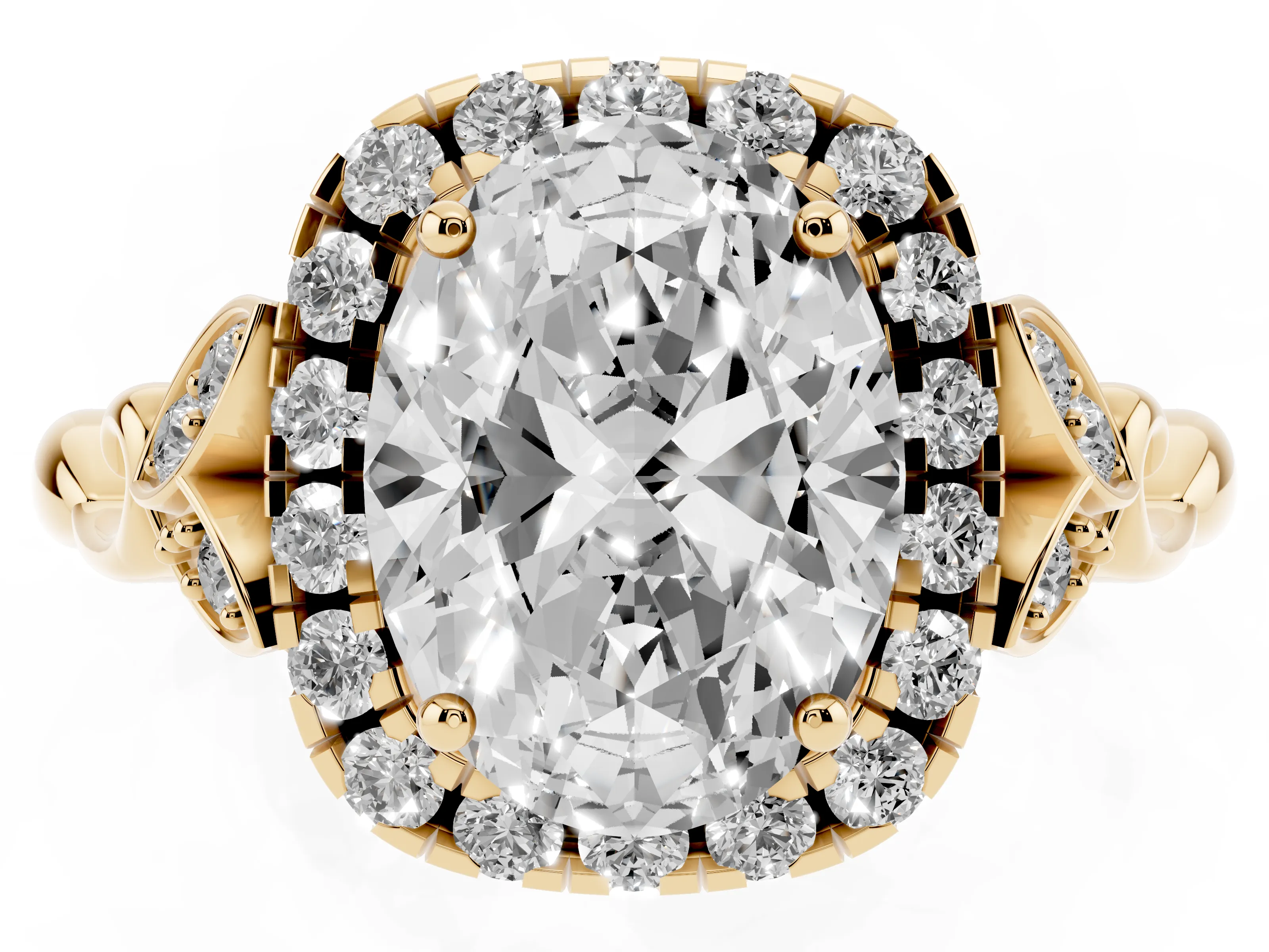 Oval Cut Diamond Halo Engagement Ring Set in Yellow gold with Vintage-Inspired Band and Prong Setting