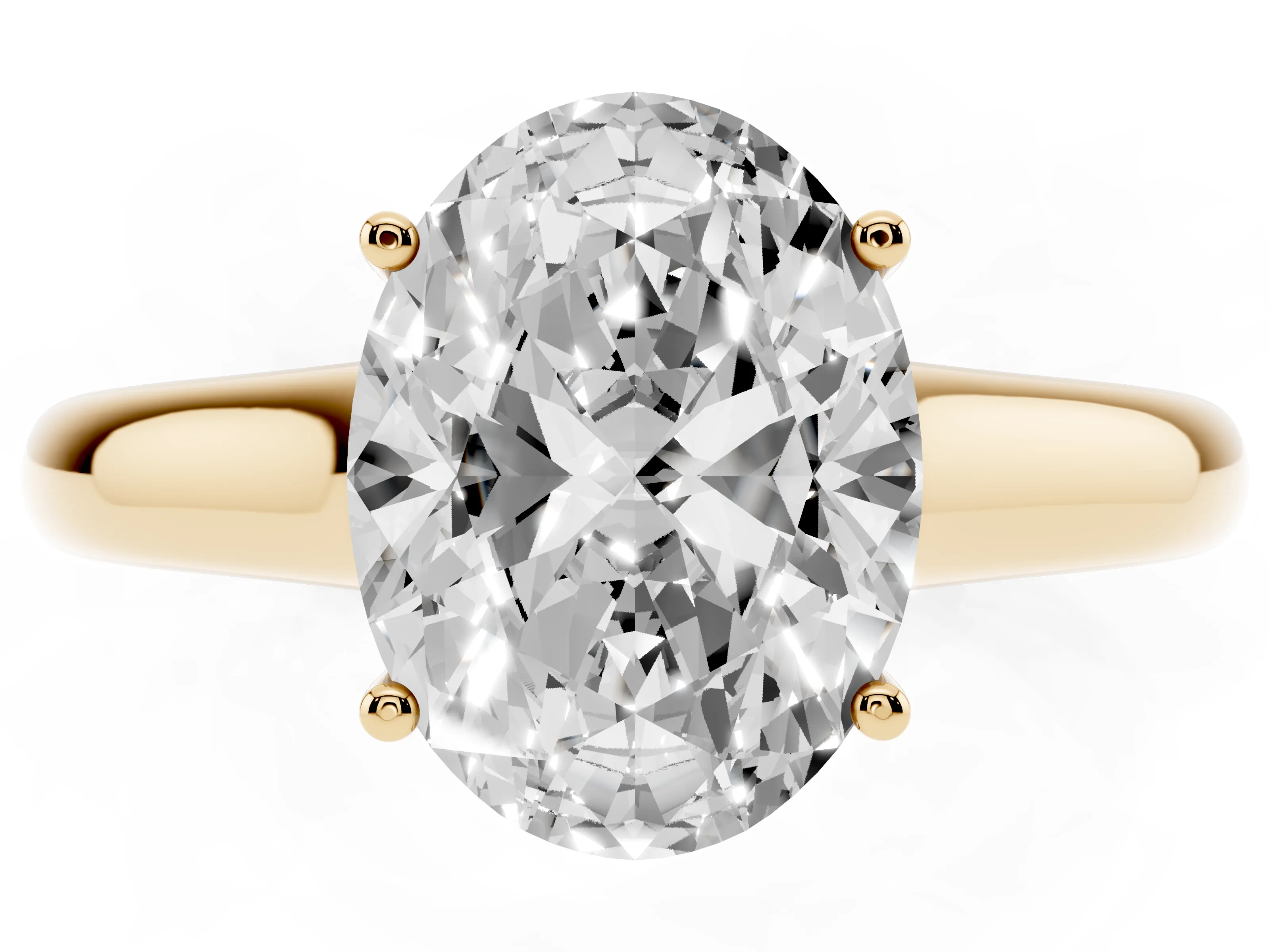 Oval Cut Diamond Solitaire Engagement Ring Set in Yellow gold with Subtly Tapered Band and Prong Setting