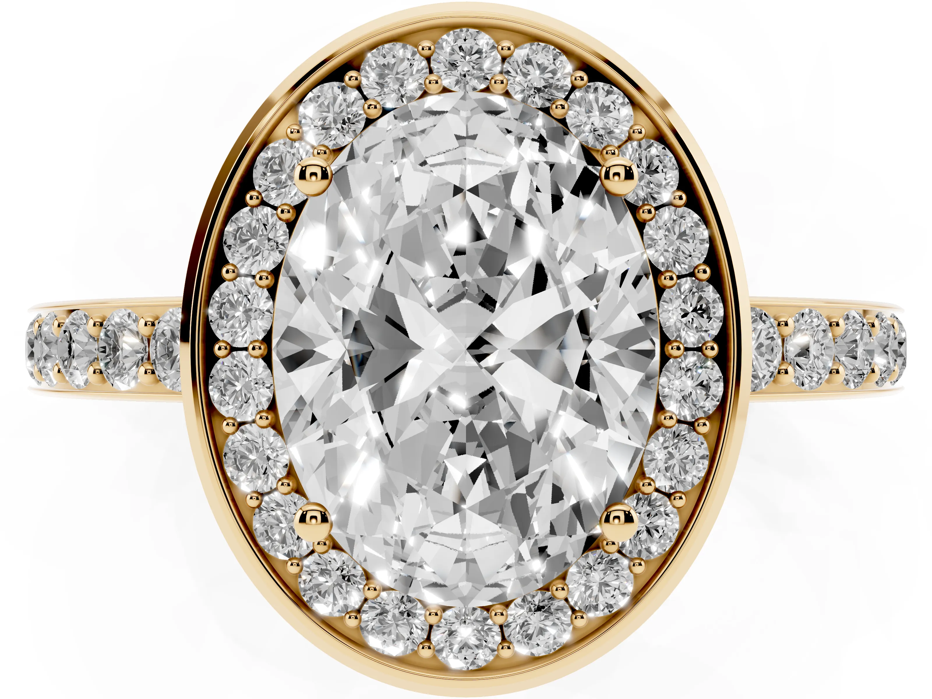 Oval Cut Diamond Halo Ring Set in Yellow gold with Bezel Frame and Pavé Band