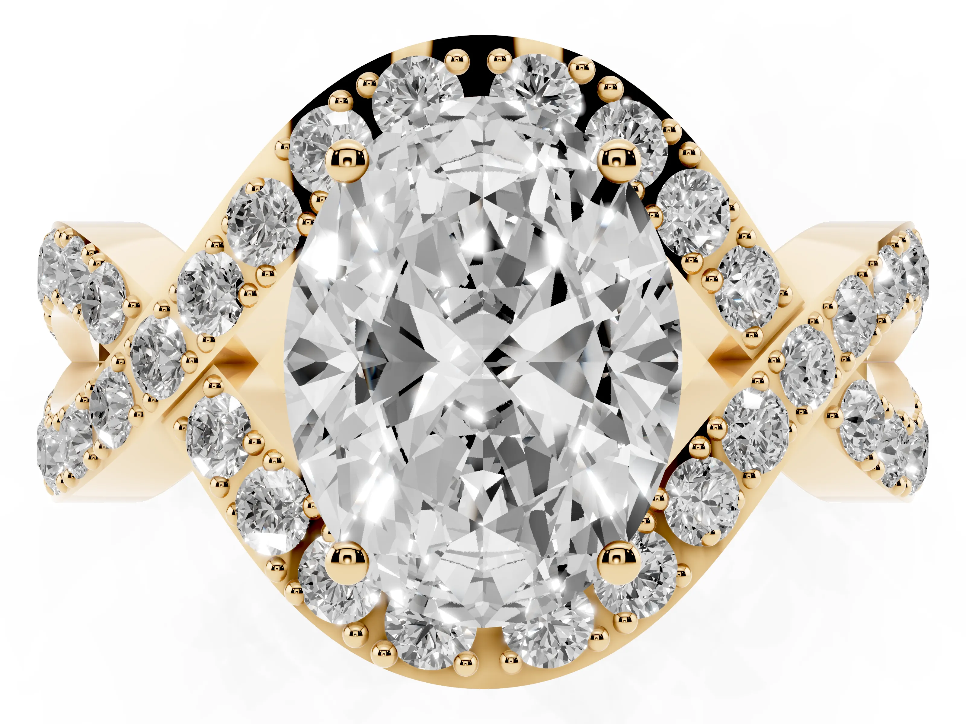 Oval Cut Diamond Solitaire Twist Band Pavé Engagement Ring Set in Yellow gold