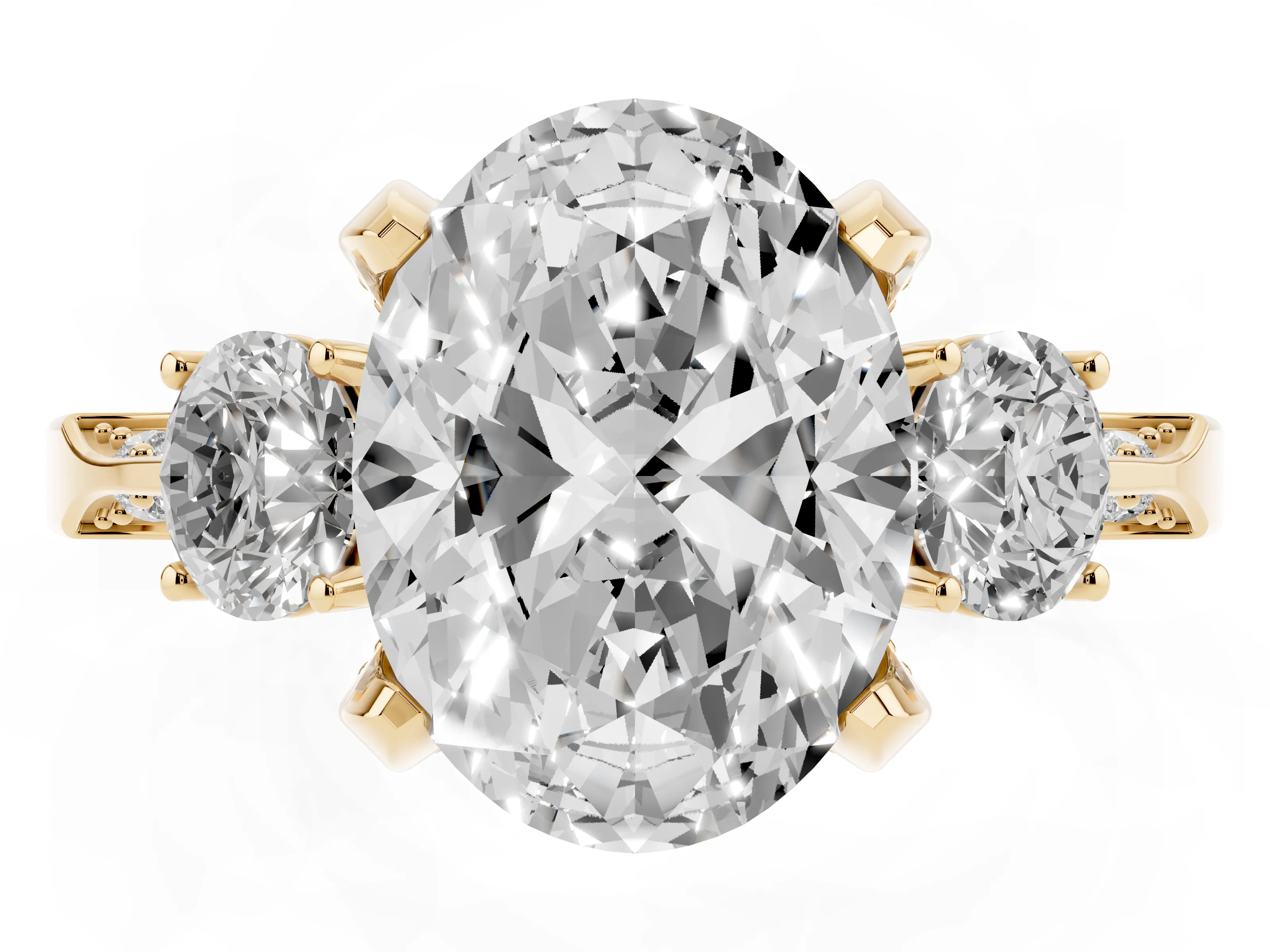 Oval Cut Diamond Three-Stone Ring Set in Yellow gold with Pavé Band and Smaller Side Stones