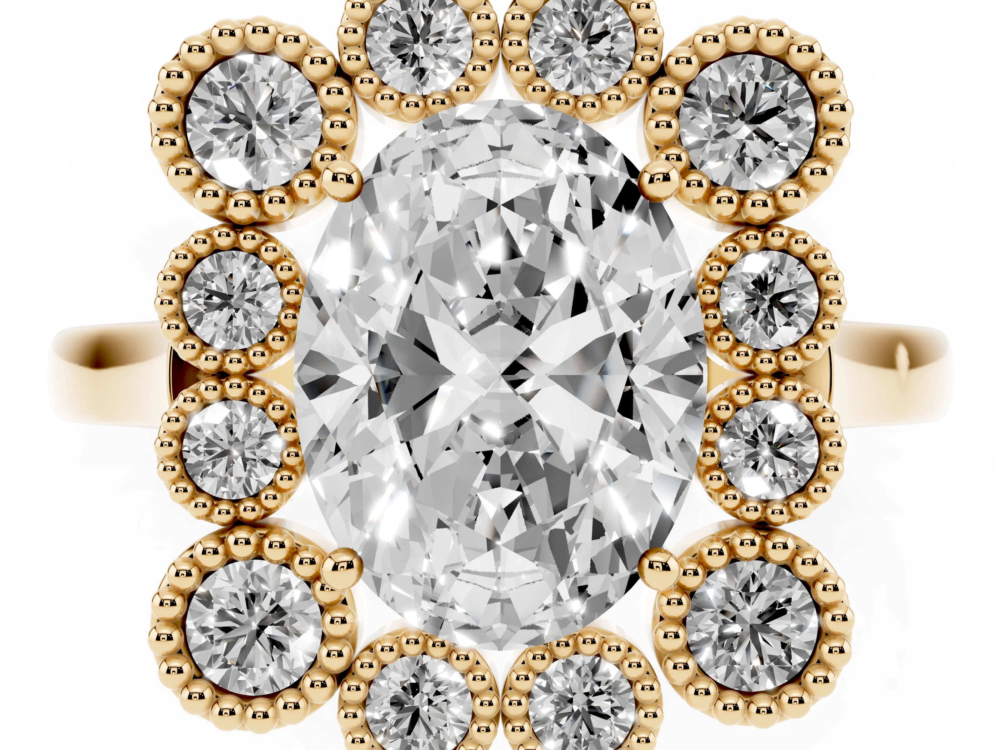 Oval Cut Diamond Cluster Halo Ring Set in Yellow gold with Milgrain Bezel Accents and Plain Band
