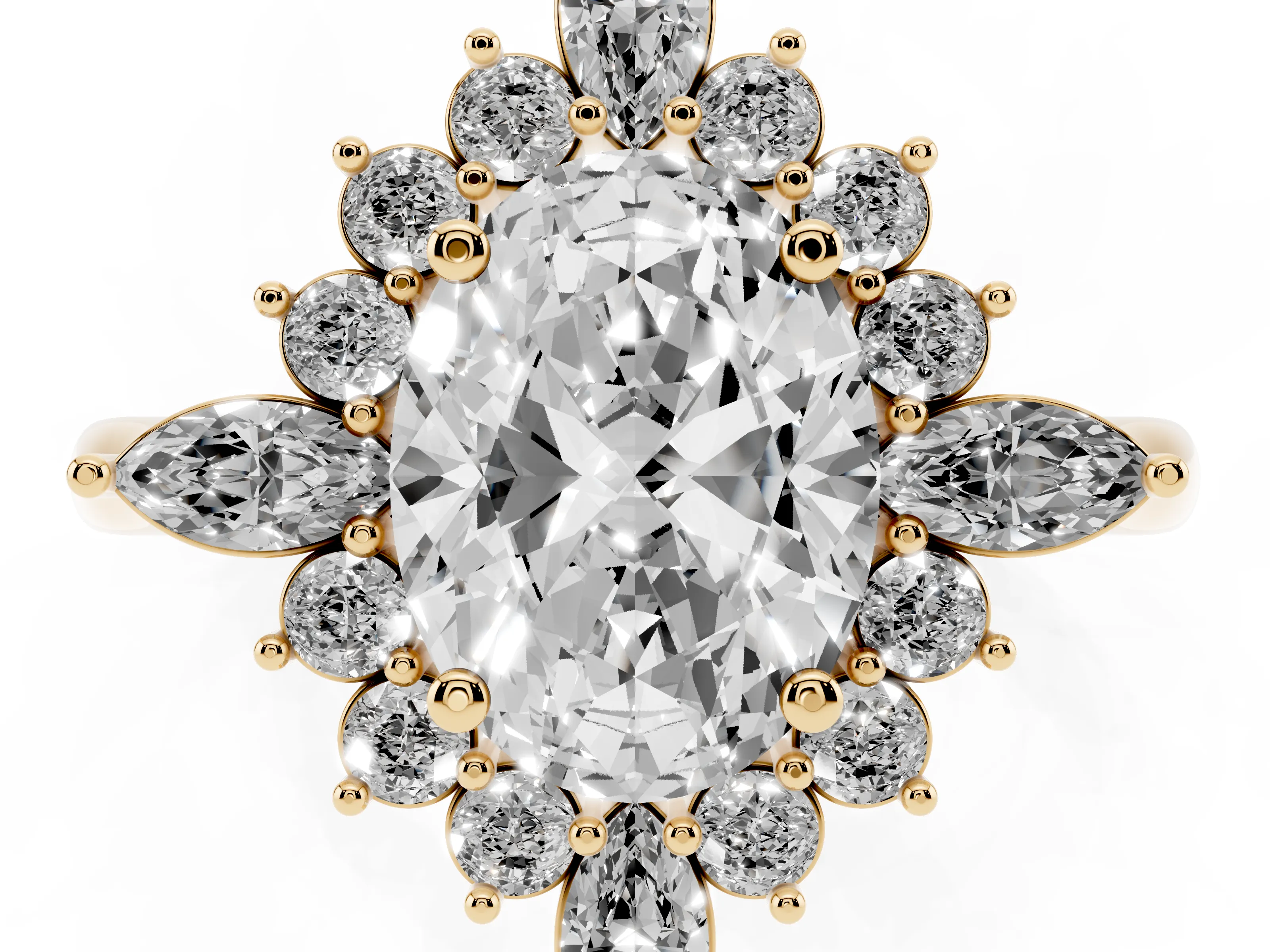 Oval Cut Diamond Cluster Halo Ring Set in Yellow gold with Marquise and Round Accents