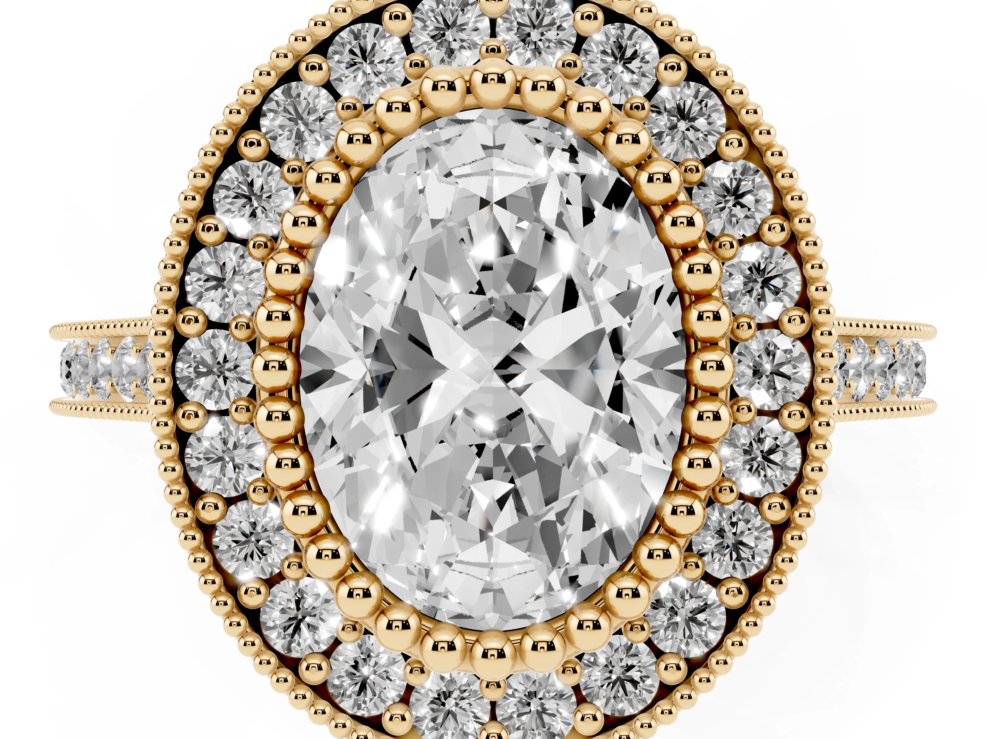 Oval Cut Diamond Halo Ring Set in Yellow gold with Milgrain Frame and Pavé Band