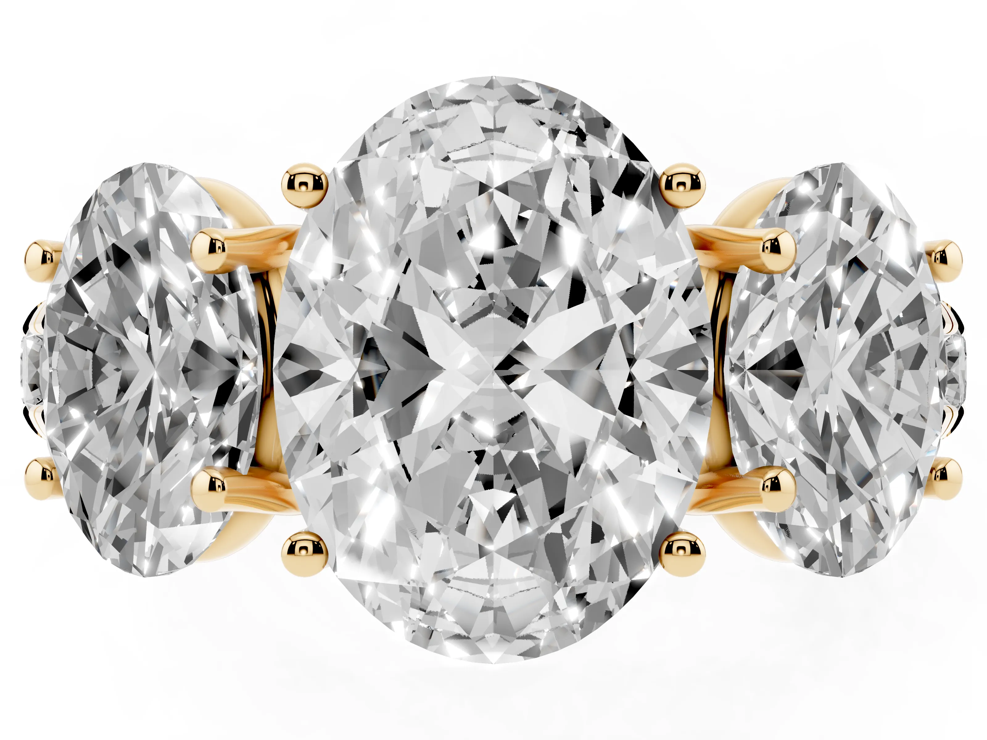 Oval Cut Diamond Three-Stone Ring Set in Yellow gold with Pavé Band