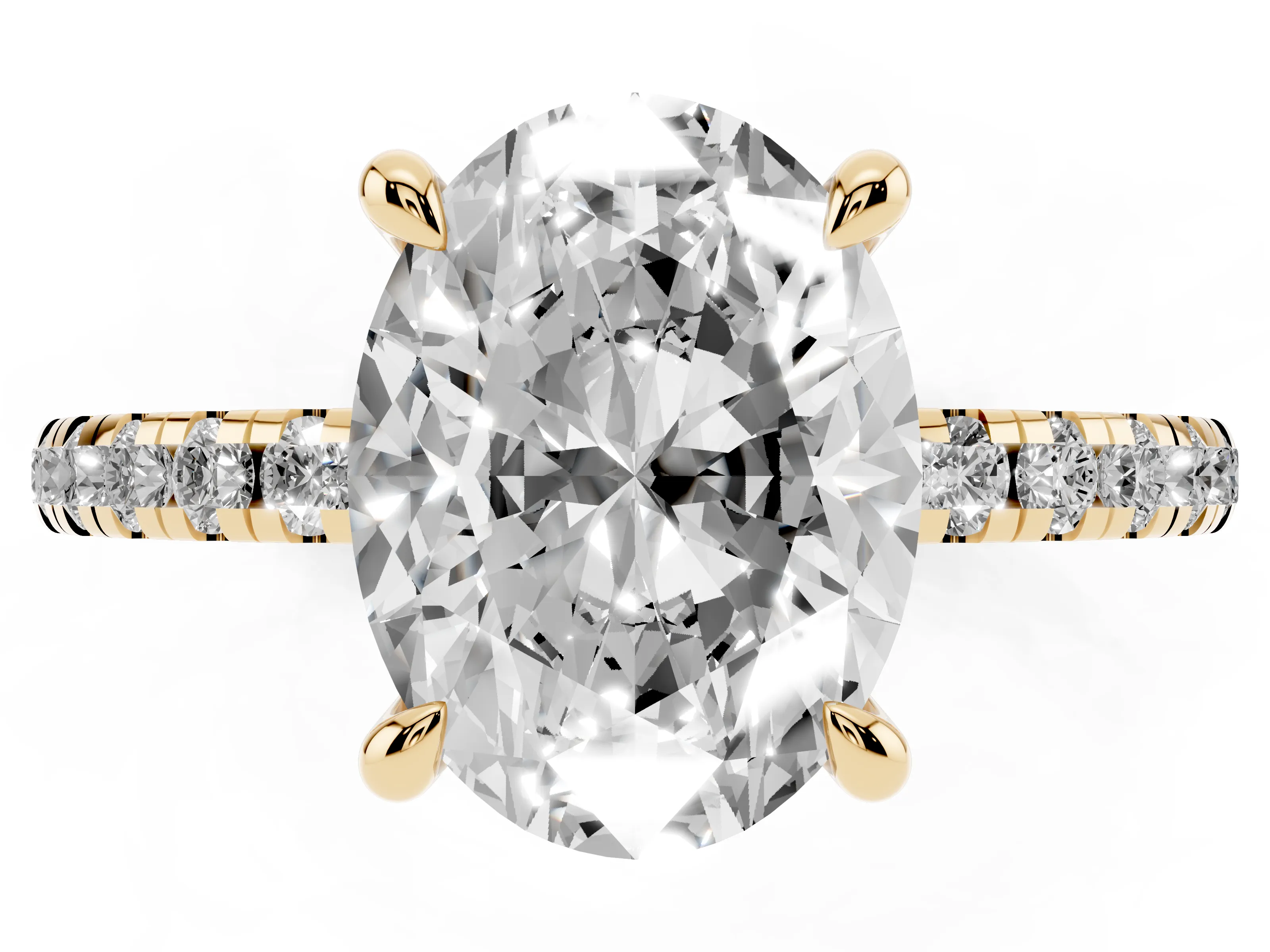 Oval Cut Diamond Brilliant Solitaire Ring Set in Yellow gold with Pavé Band and Prong Setting
