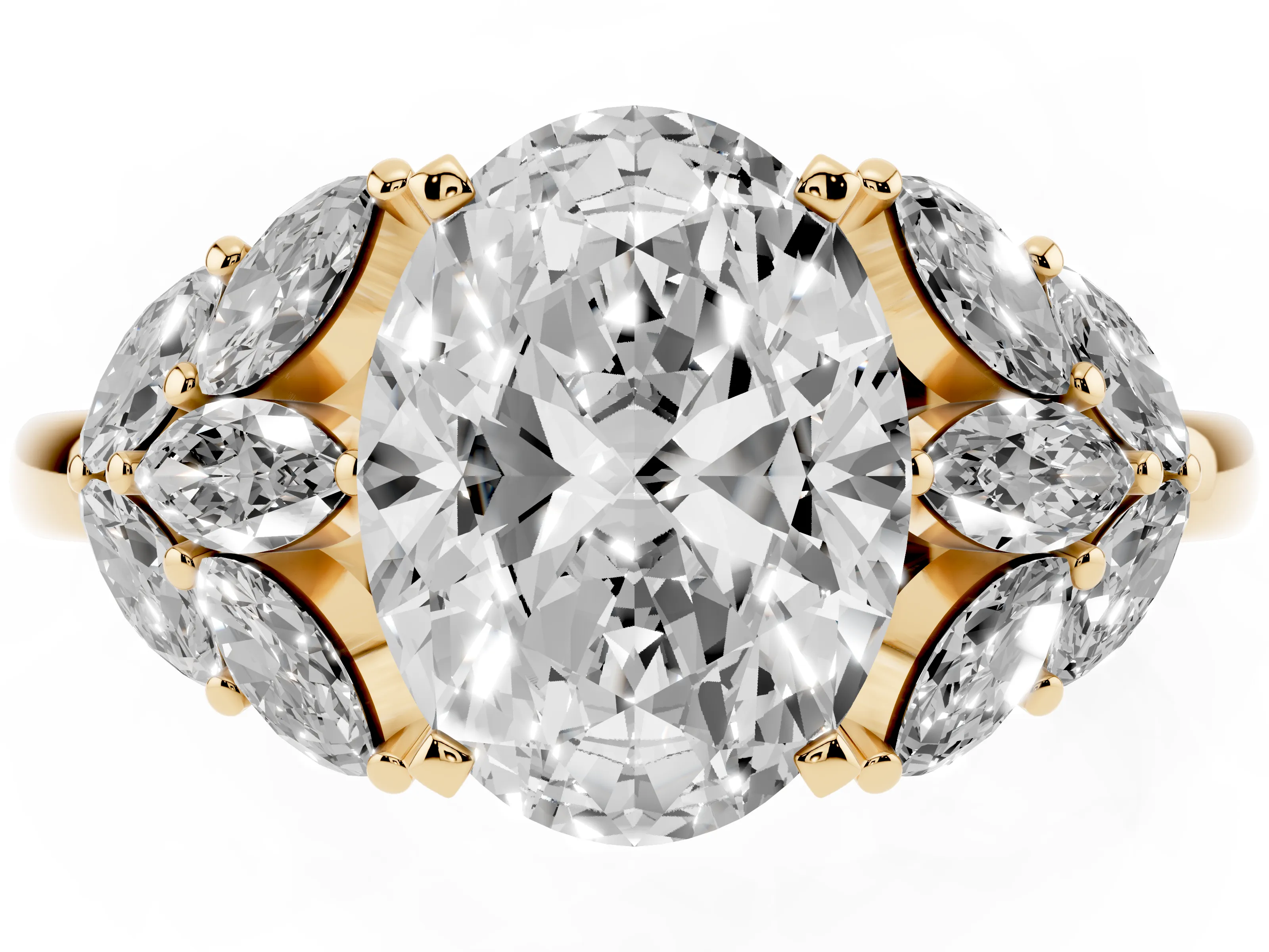 Oval Cut Diamond Cluster Leaf Design Ring Set in Yellow gold with Prong Setting