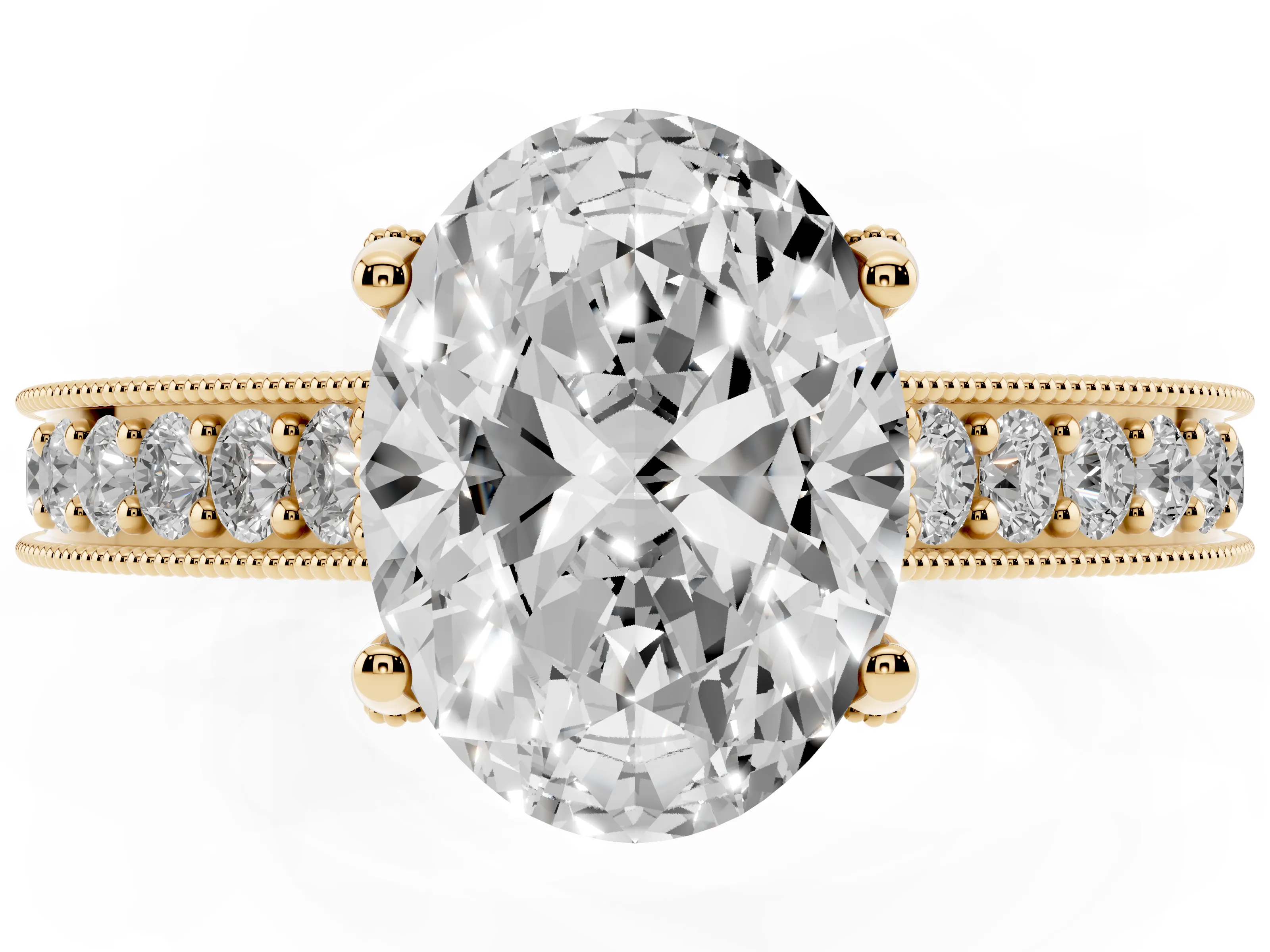 Oval Cut Diamond Solitaire Ring Set in Yellow gold with Milgrain-Edged Pavé Band and Prong Setting